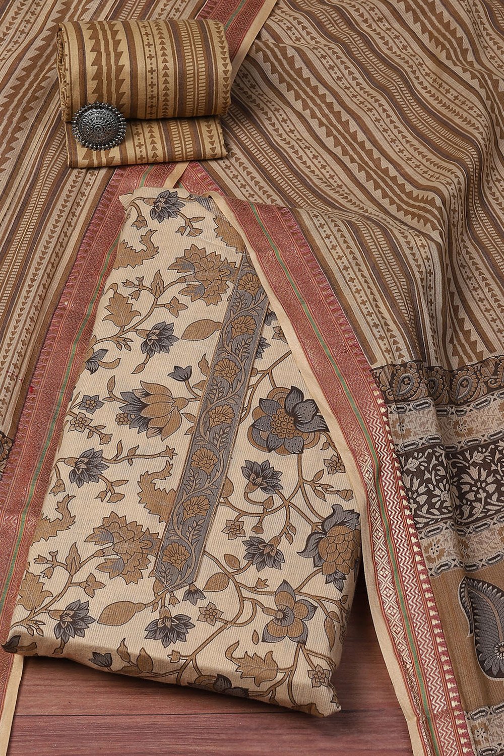 Coffee Brown Cotton Machine Embroidered Unstitched Suit Set image number 0