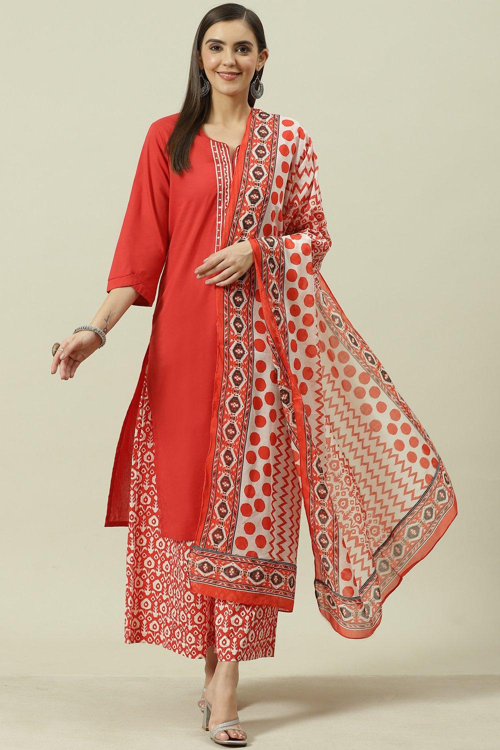 Red Solid Cotton Straight Kurta Regular Pants Suit Set image number 0