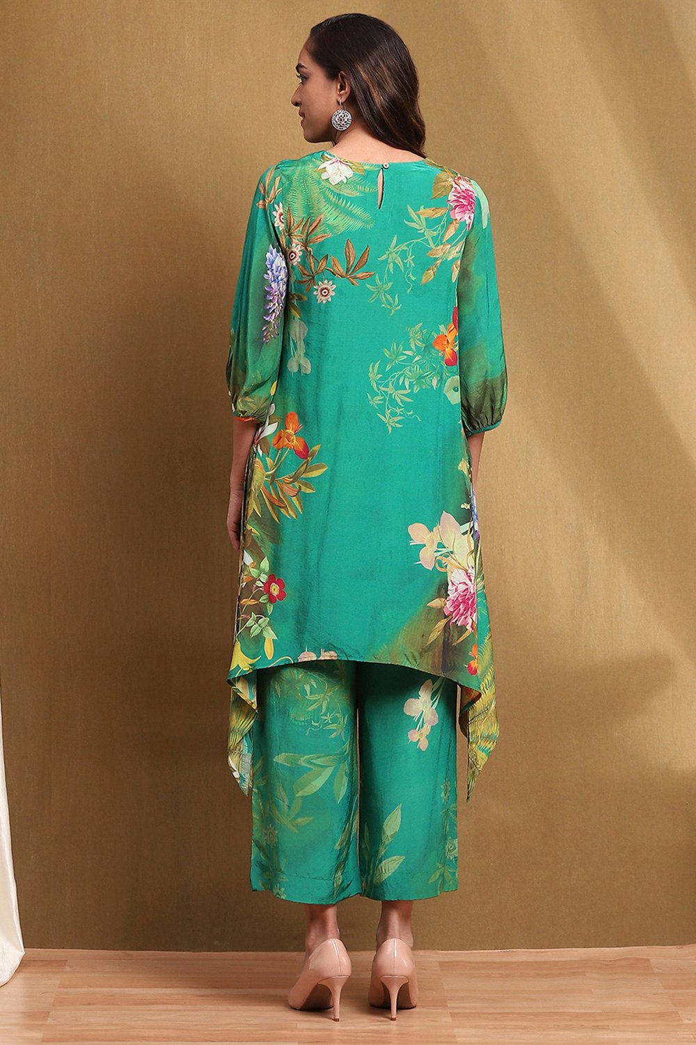 Green Modal Floral Printed Asymmetric Kurta Set image number 4