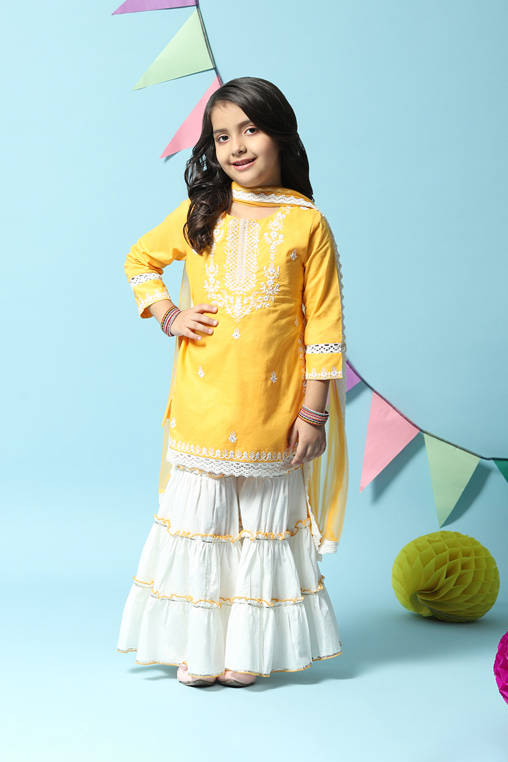 Yellow Cotton Straight Kurta Sharara Suit Set image number 0