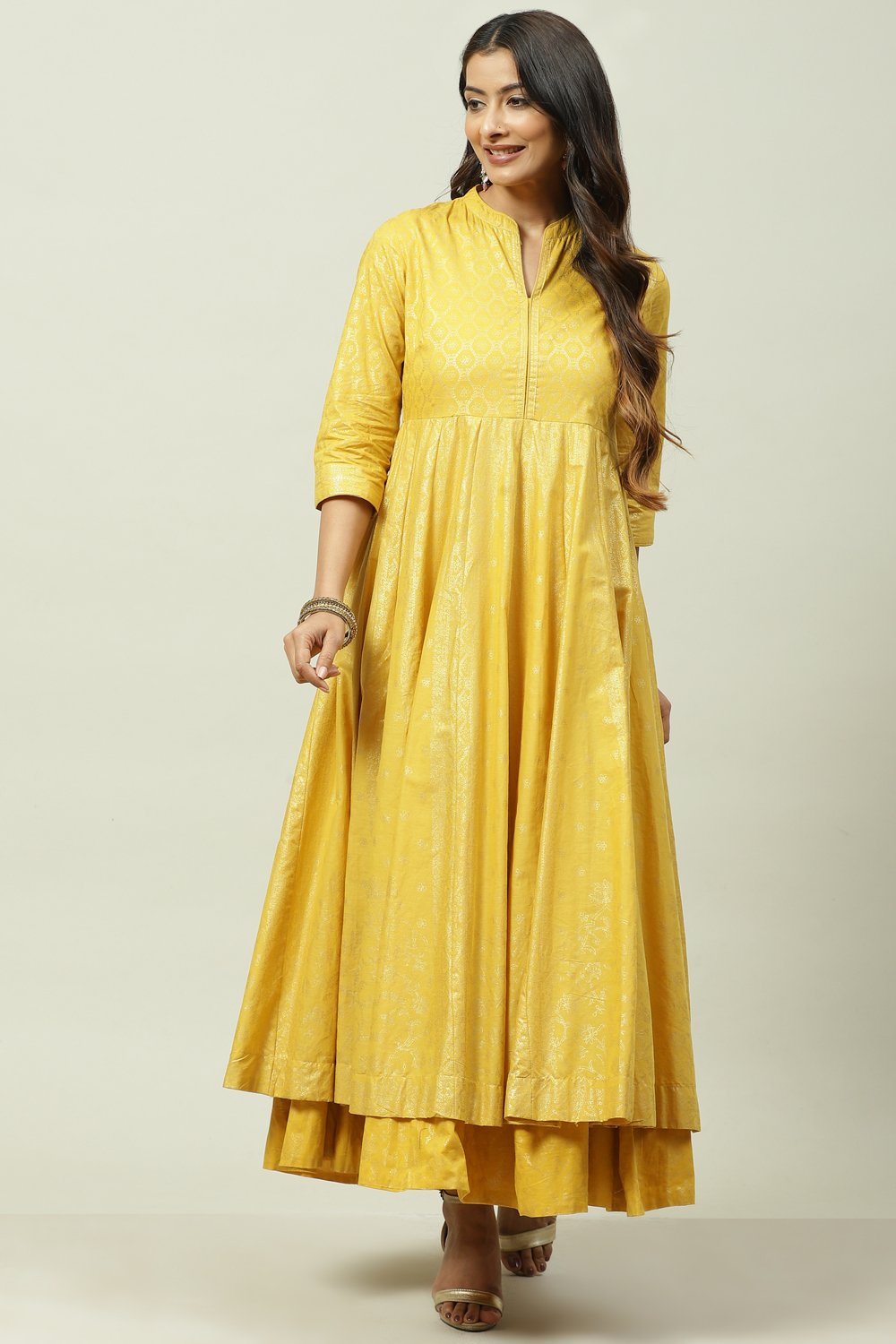 Ochre Cotton Flared Fusion Printed Dress image number 0