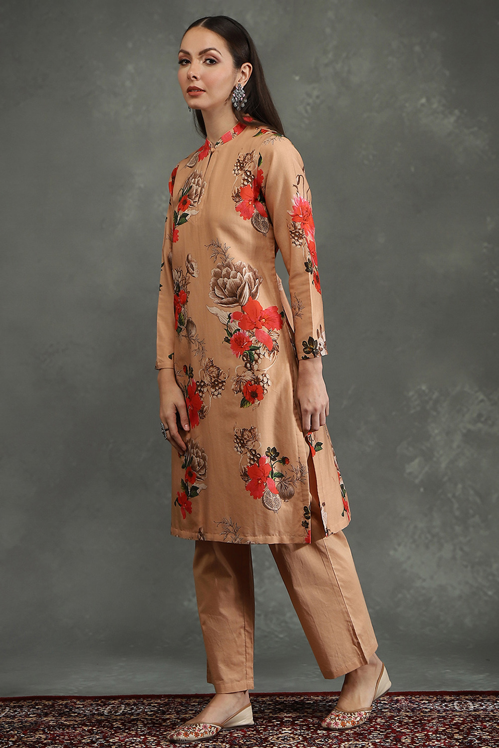 Black Silk Chanderi Floral Printed Straight Kurta Set image number 3
