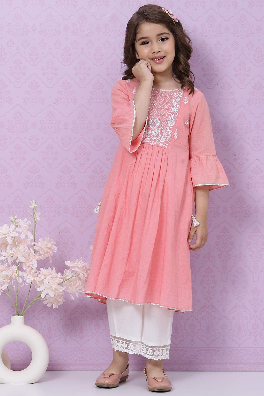 Pink Cotton Flared Embroidered Kurta Set image number 6