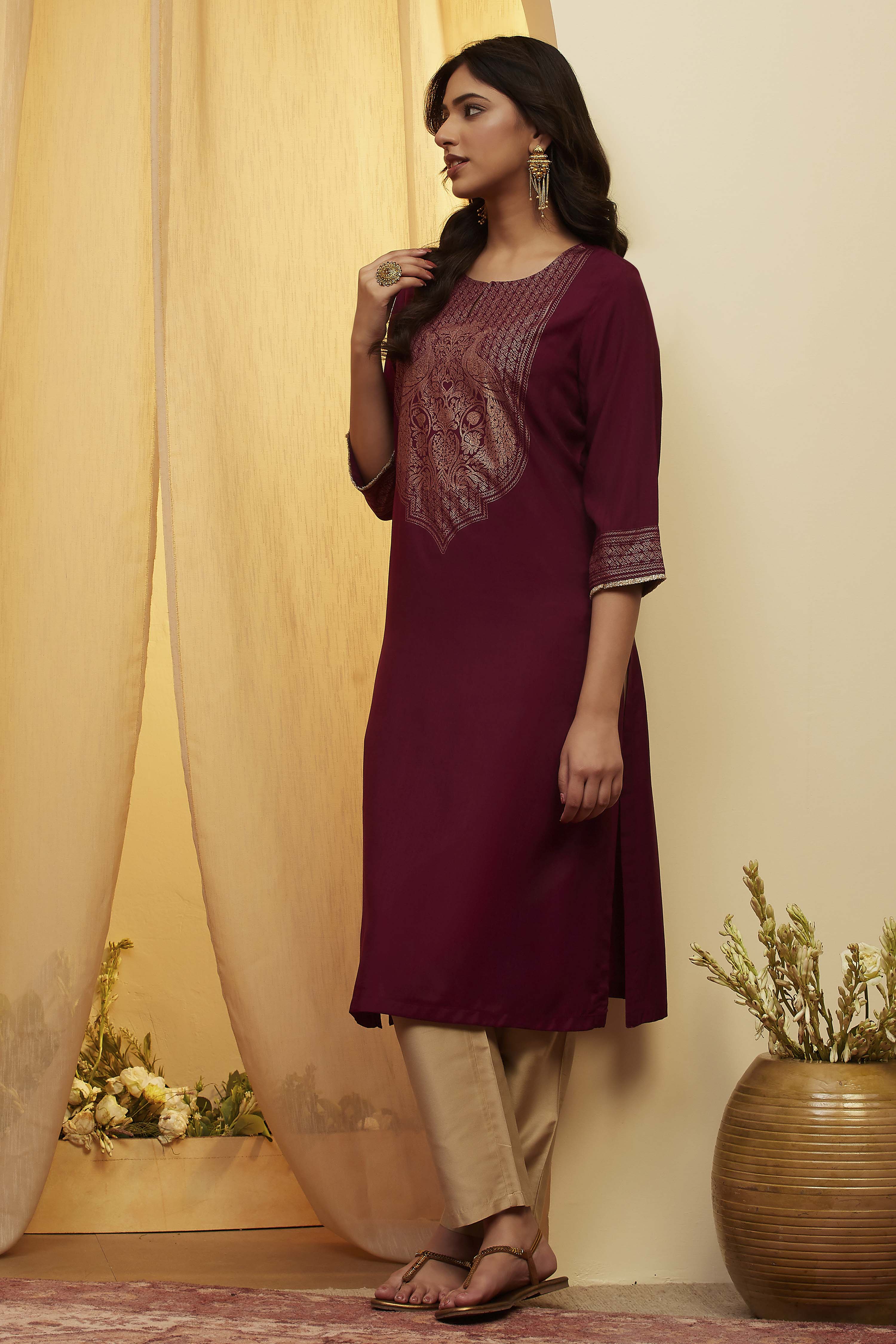 Berry Viscose Blend A Line Kurta image number 0