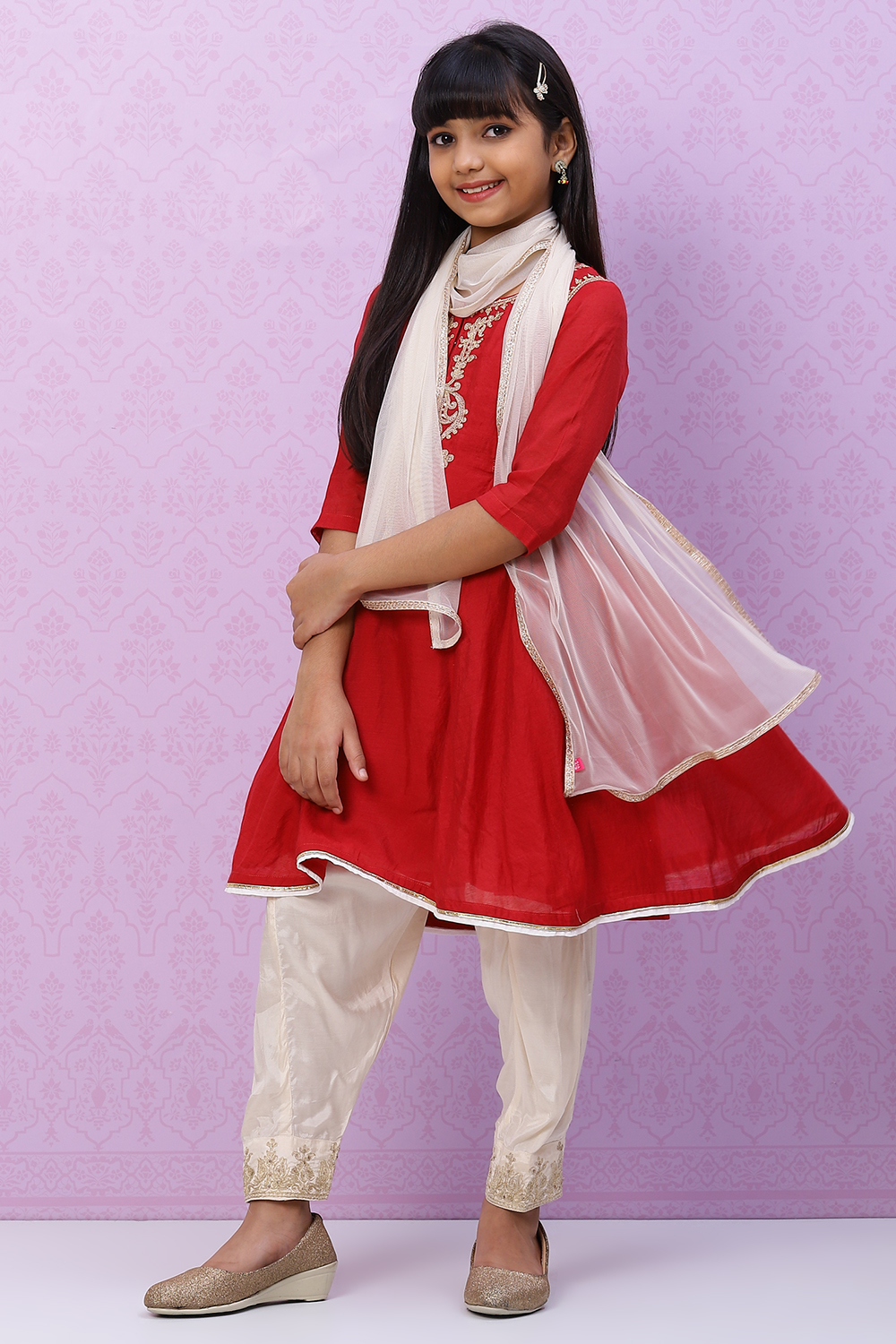 Red Poly Modal Girls Flared Kurta Salwar Suit Set image number 5
