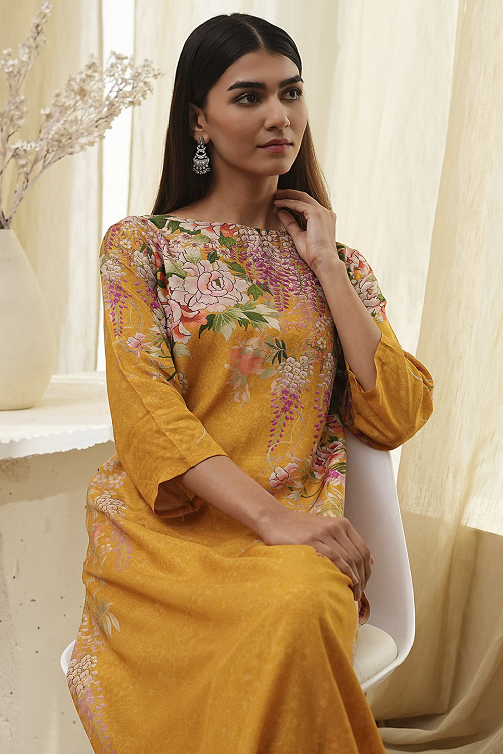 Mustard Yellow Floral Straight Kurta Set image number 1