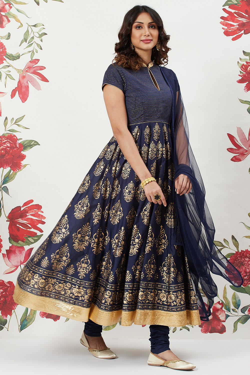 Rohit Bal Navy Blue Chanderi Silk Anarkali Solid Suit Set image number 0