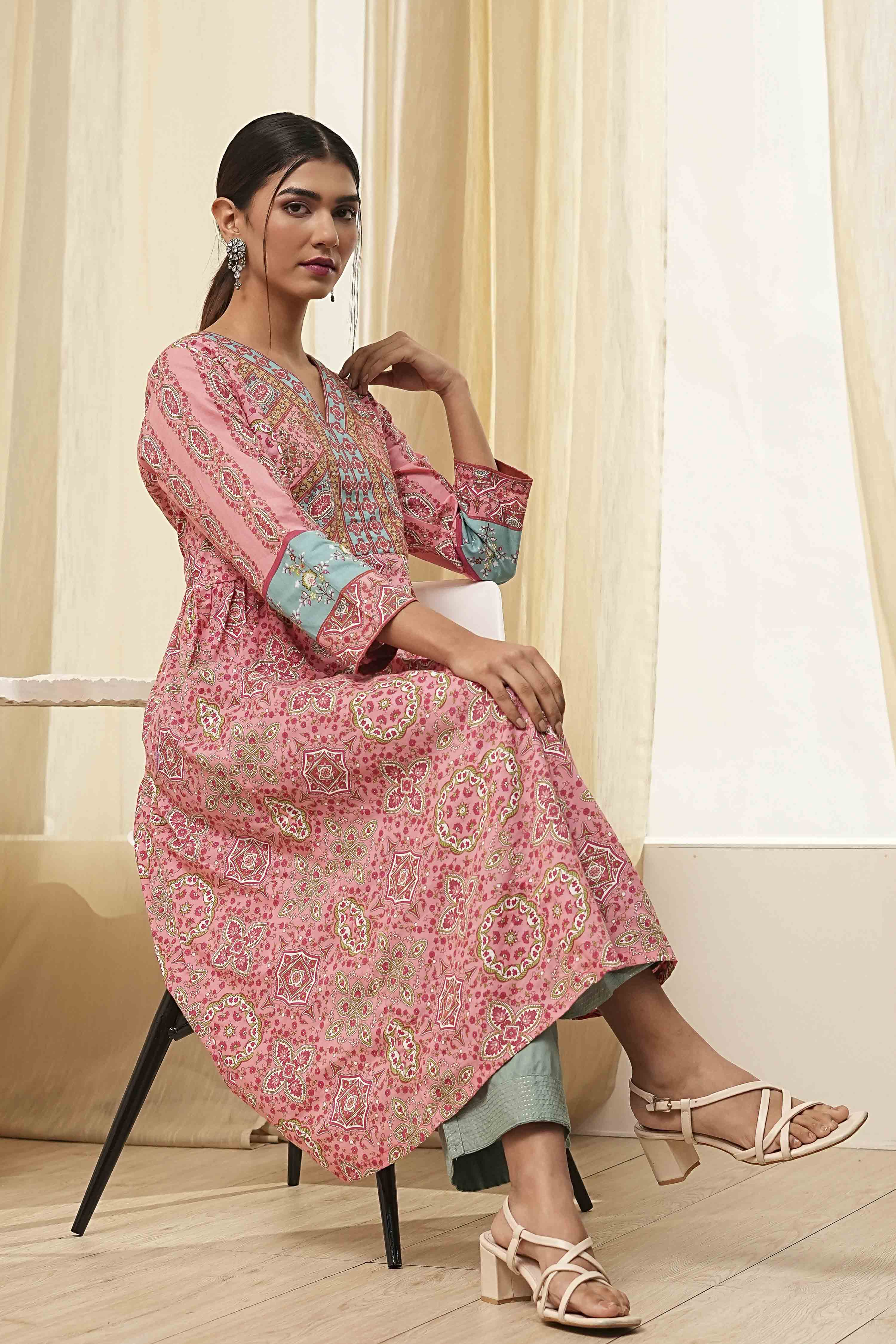 Pink Pure Cotton Printed A-Line Kurta image number 0
