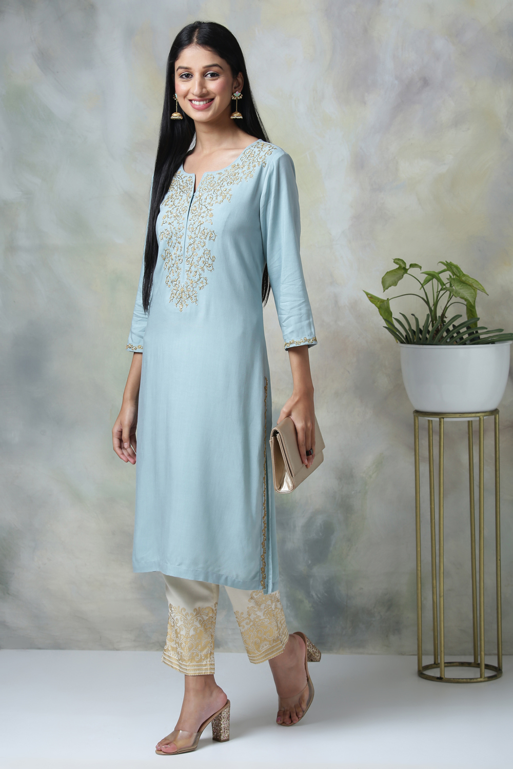 Powder Blue Rayon Kurta Pants Set image number 3