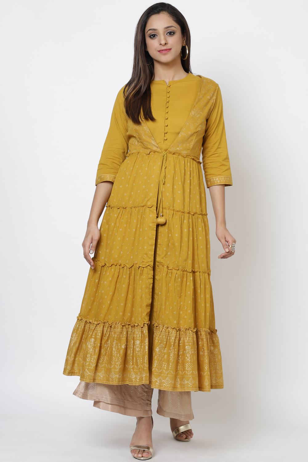 Mustard Cotton Flared Printed Kurta image number 2