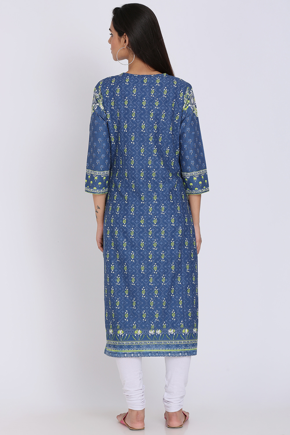 Indigo Cotton Straight Printed Kurta image number 4