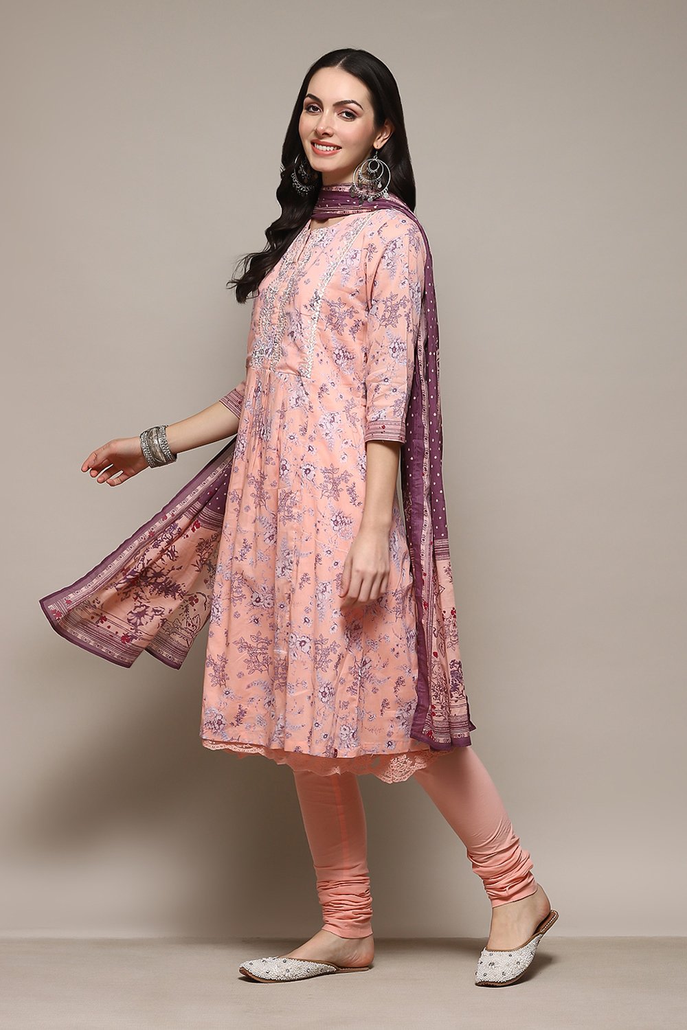 Pink Cotton Anarkali Kurta Churidar Suit Set image number 6