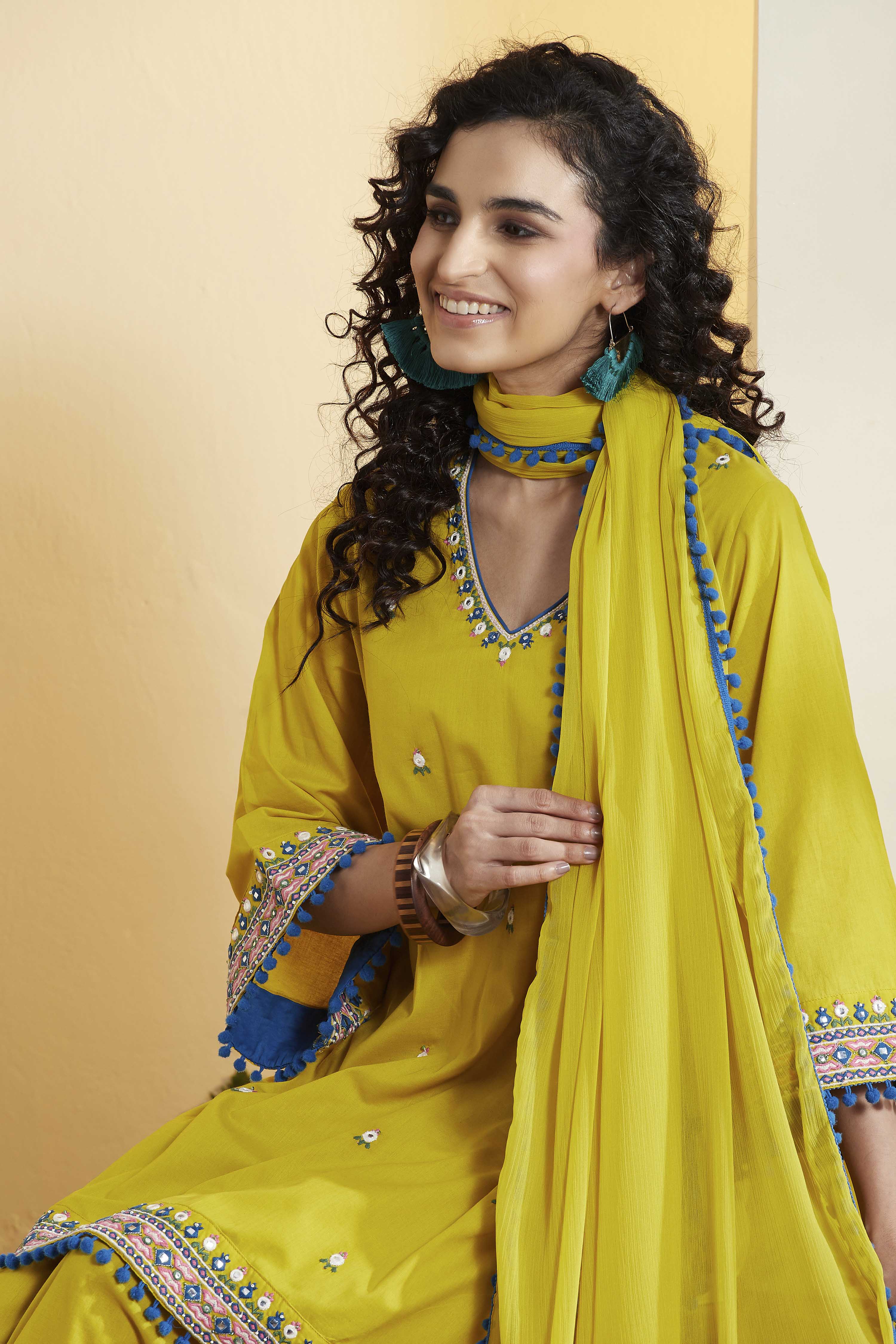 Lime Green Embroidered Cotton Kurta Set image number 1