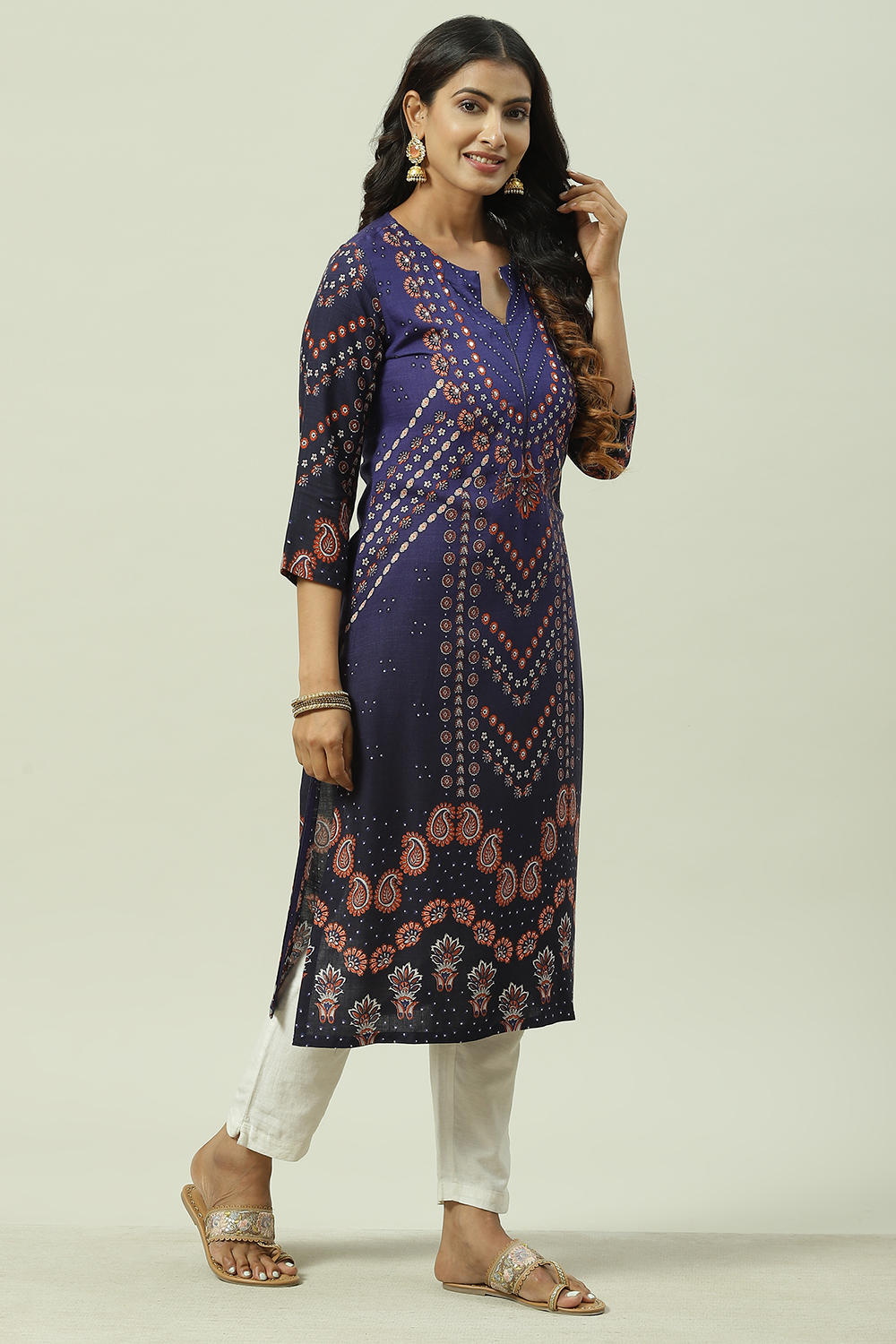 Navy LIVA Straight Printed Kurta image number 3