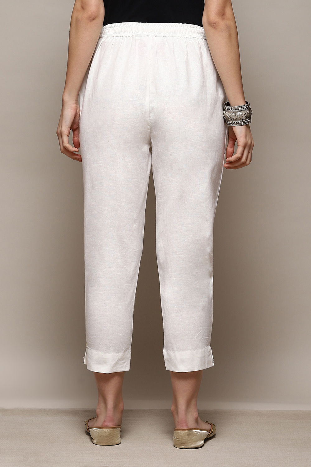 White Cotton Flax Slim Solid Pants image number 4