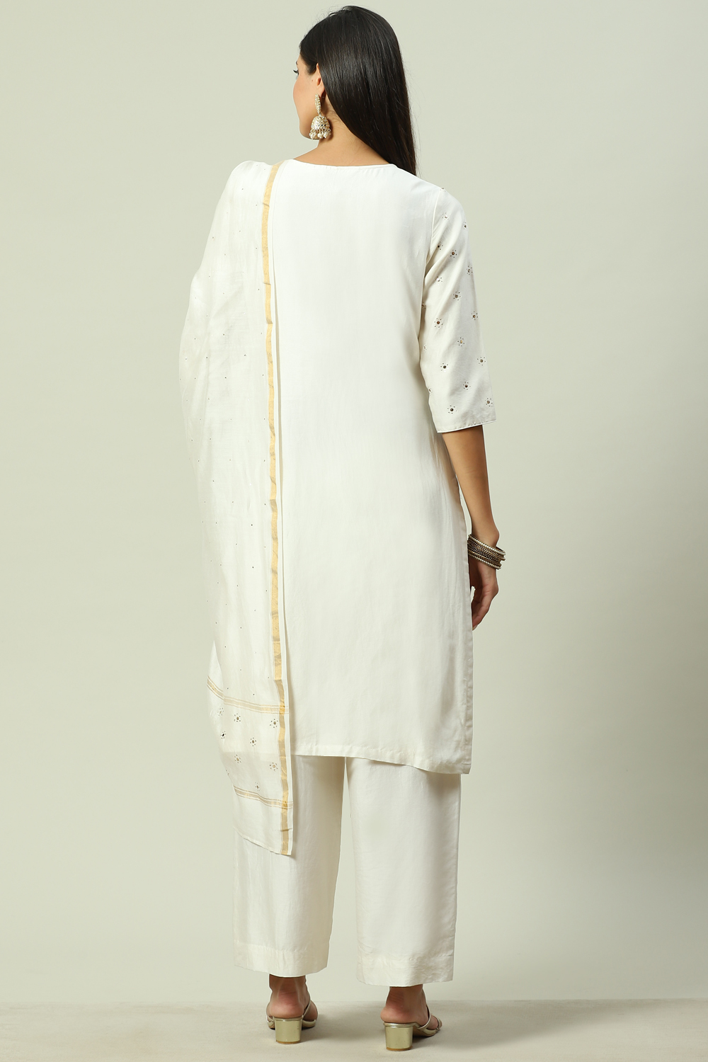 Off White Cotton Silk Straight Kurta Palazzo Suit Set image number 4