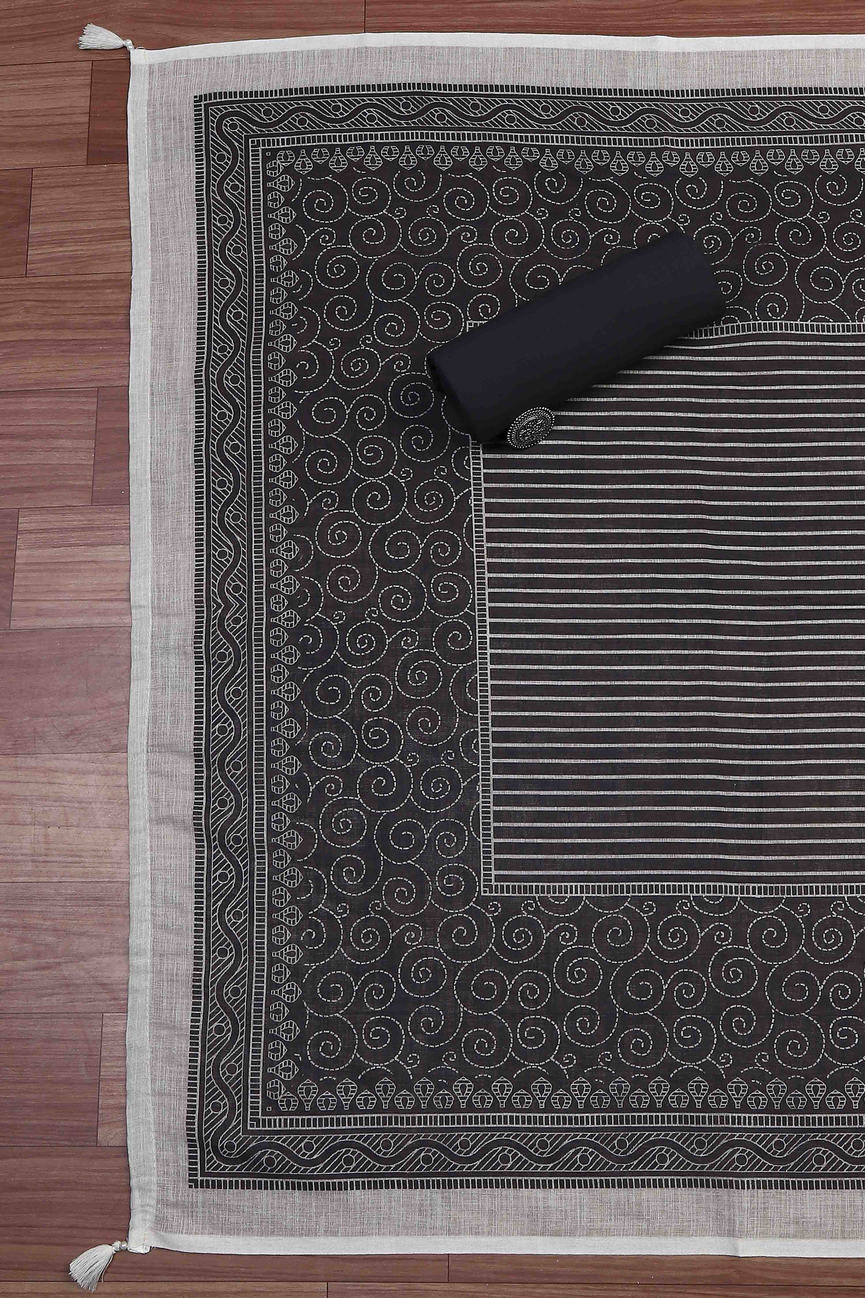 Blue Linen Royal Swirl Jal Print Unstitched Suit Set image number 3