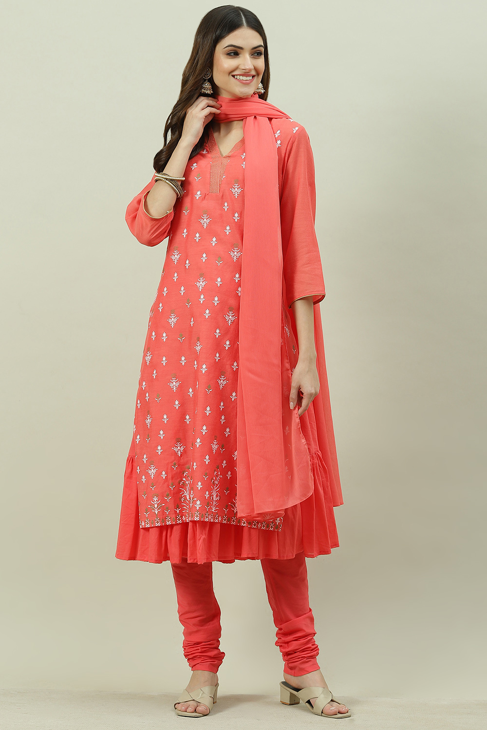 Coral Printed Layered Kurta Churidar Suit Set image number 7