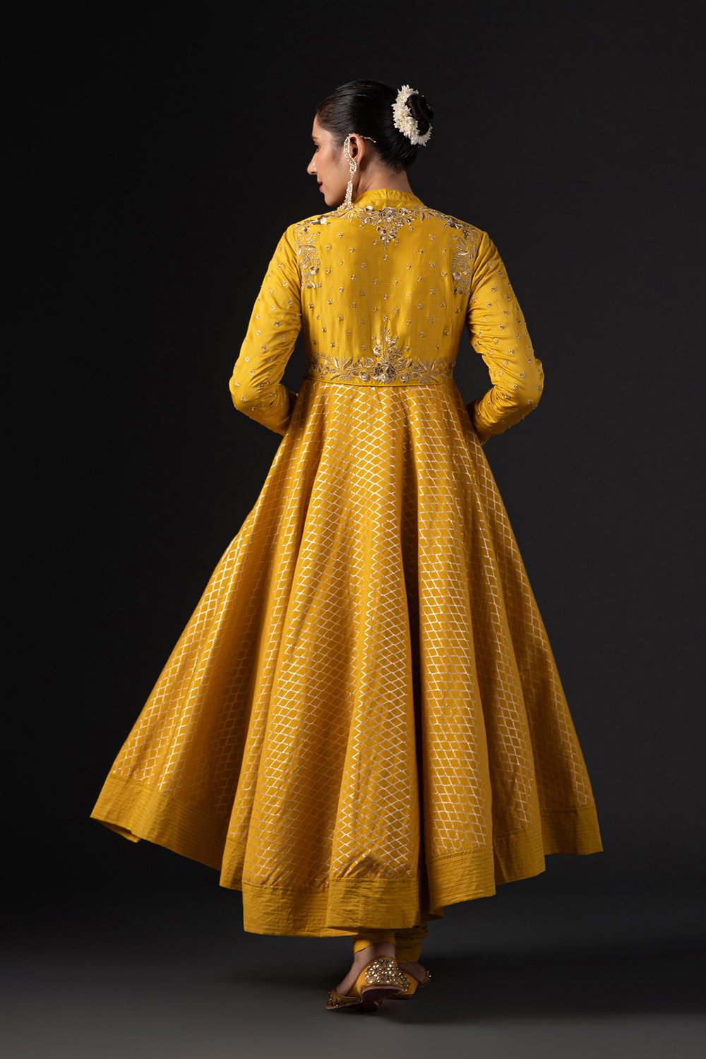 Rohit Bal Mustard Cotton Silk Anarkali Printed Suit Set image number 5