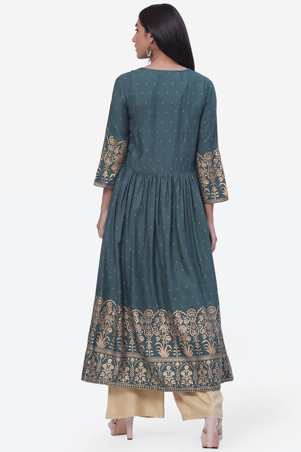 Green Rayon Flared Printed Kurta Dress image number 4