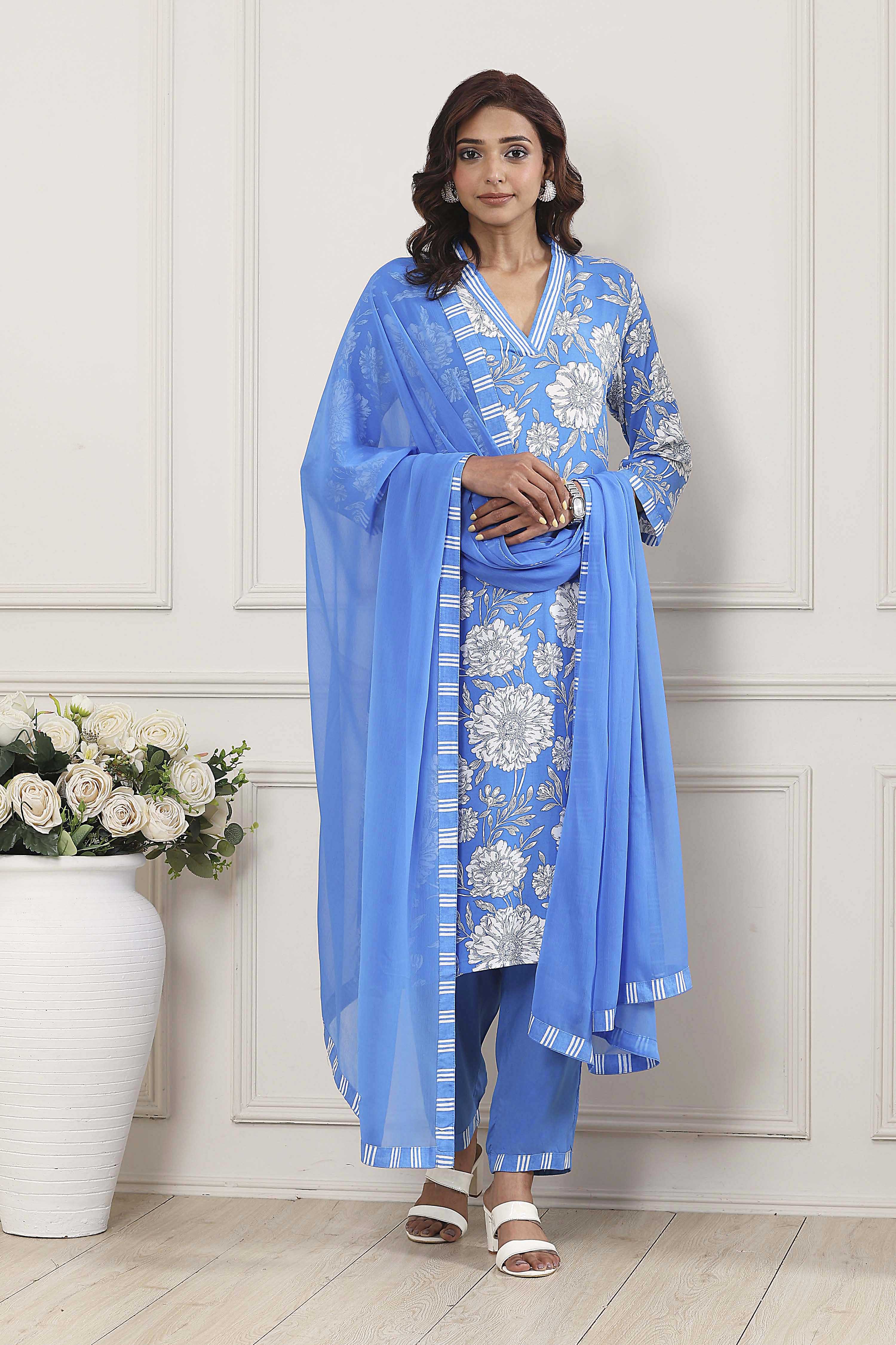 Blue Floral Printed Straight Suit Set image number 0