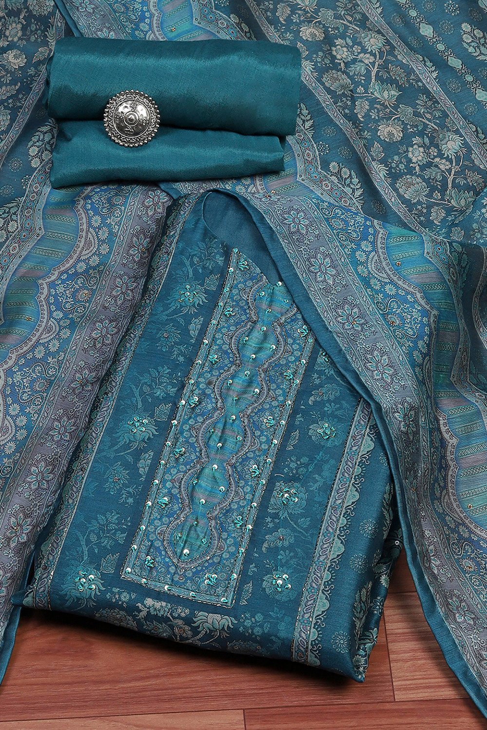 Teal Chanderi Unstitched Suit Set image number 0