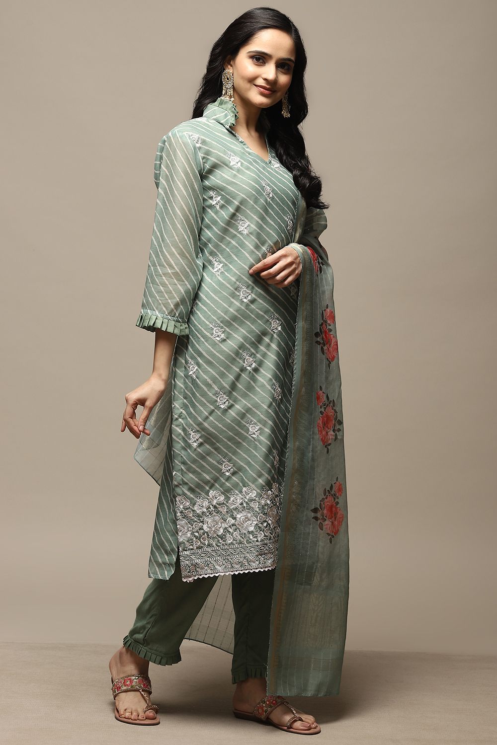 Green Cotton Digital Print Unstitched Suit Set image number 5