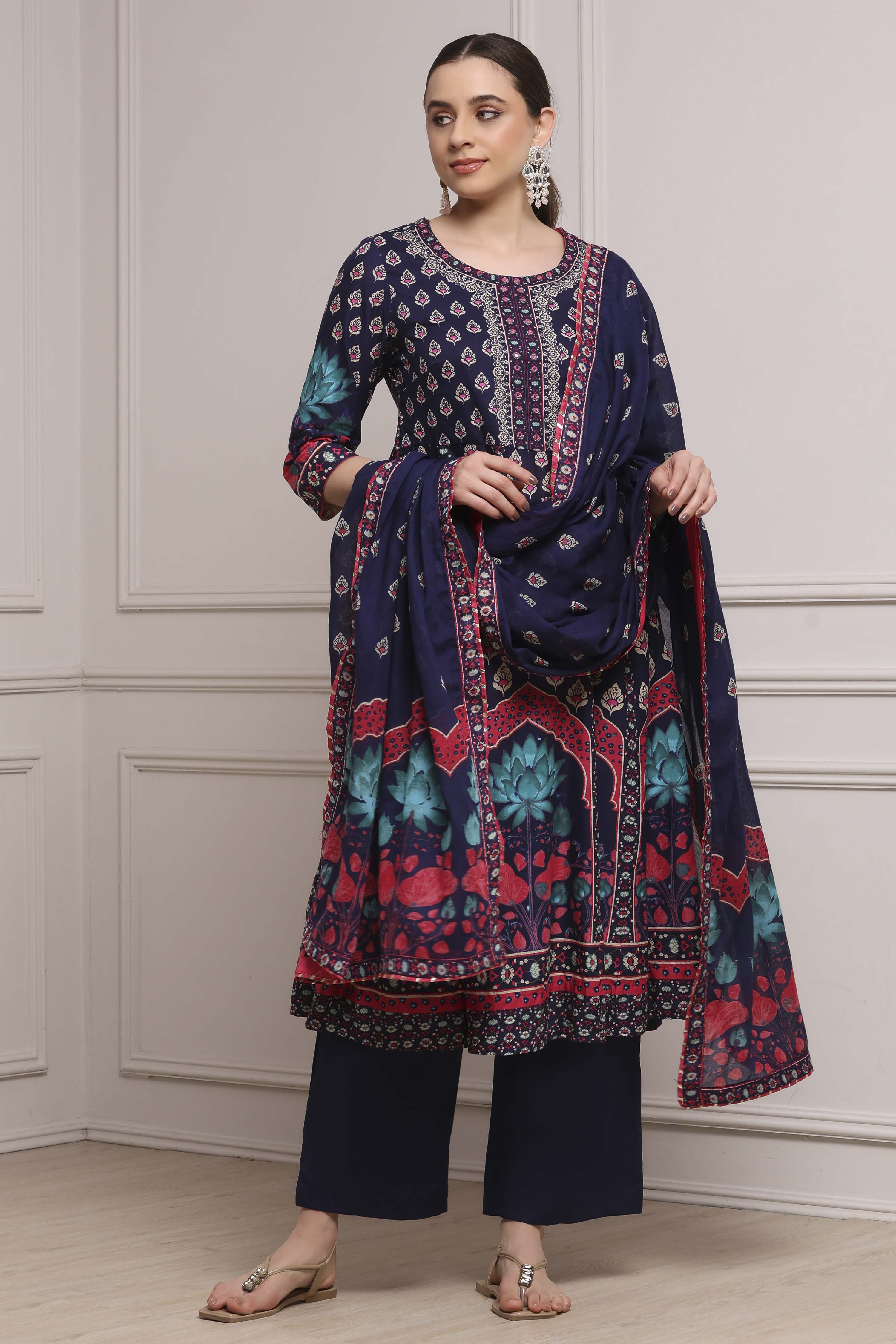 Navy Cotton Anarkali Printed Suit Set image number 0