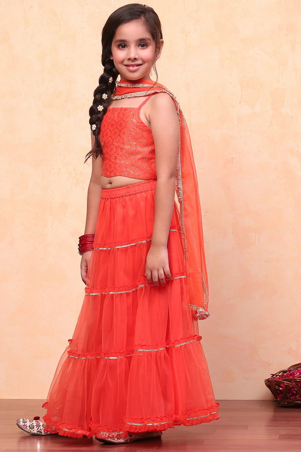 Orange Poly Chanderi Metallic Tiered Flared Lehenga Set image number 3