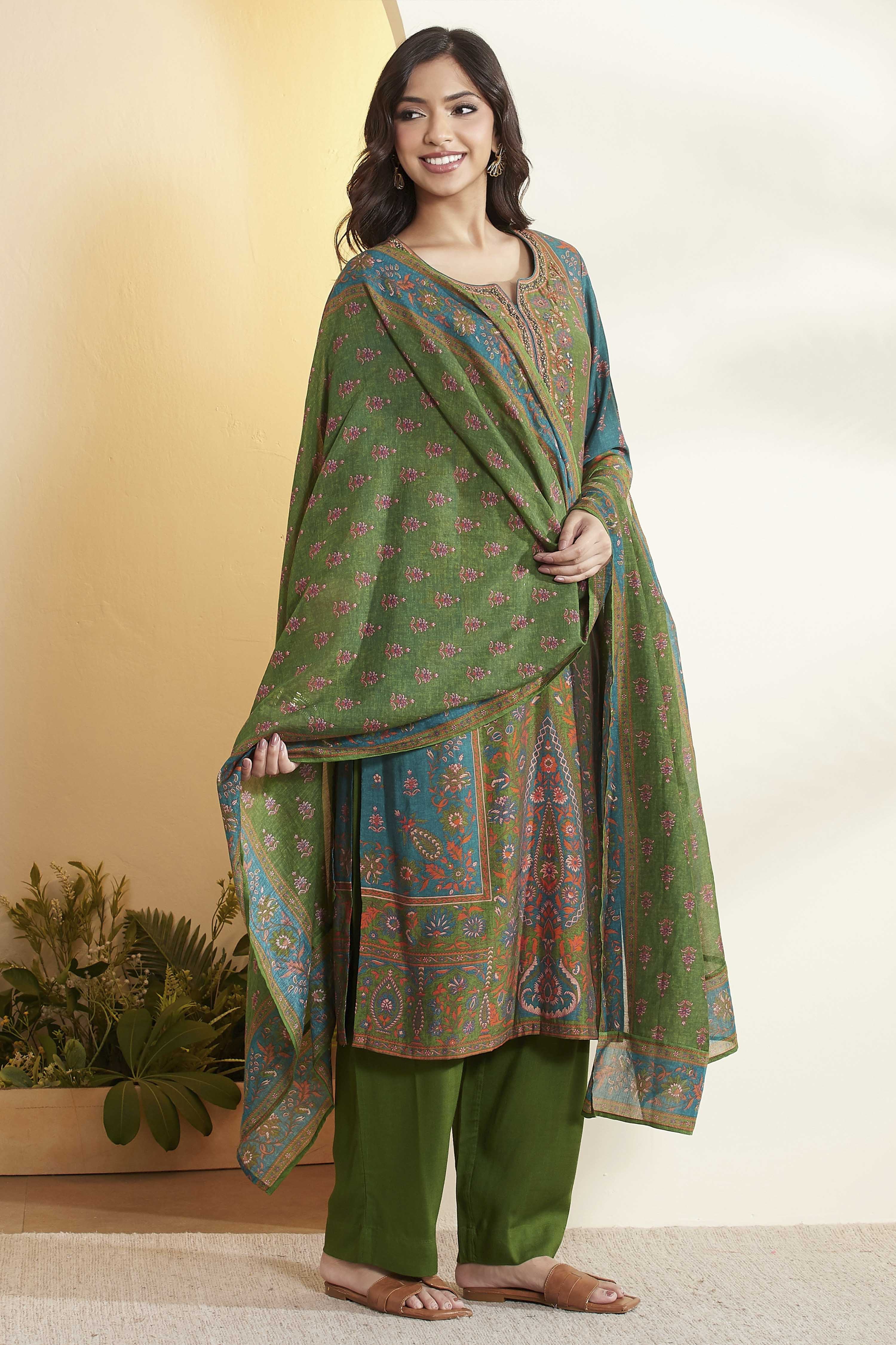 Teal & Red Printed Straight Cotton Silk Kurta Set image number 5