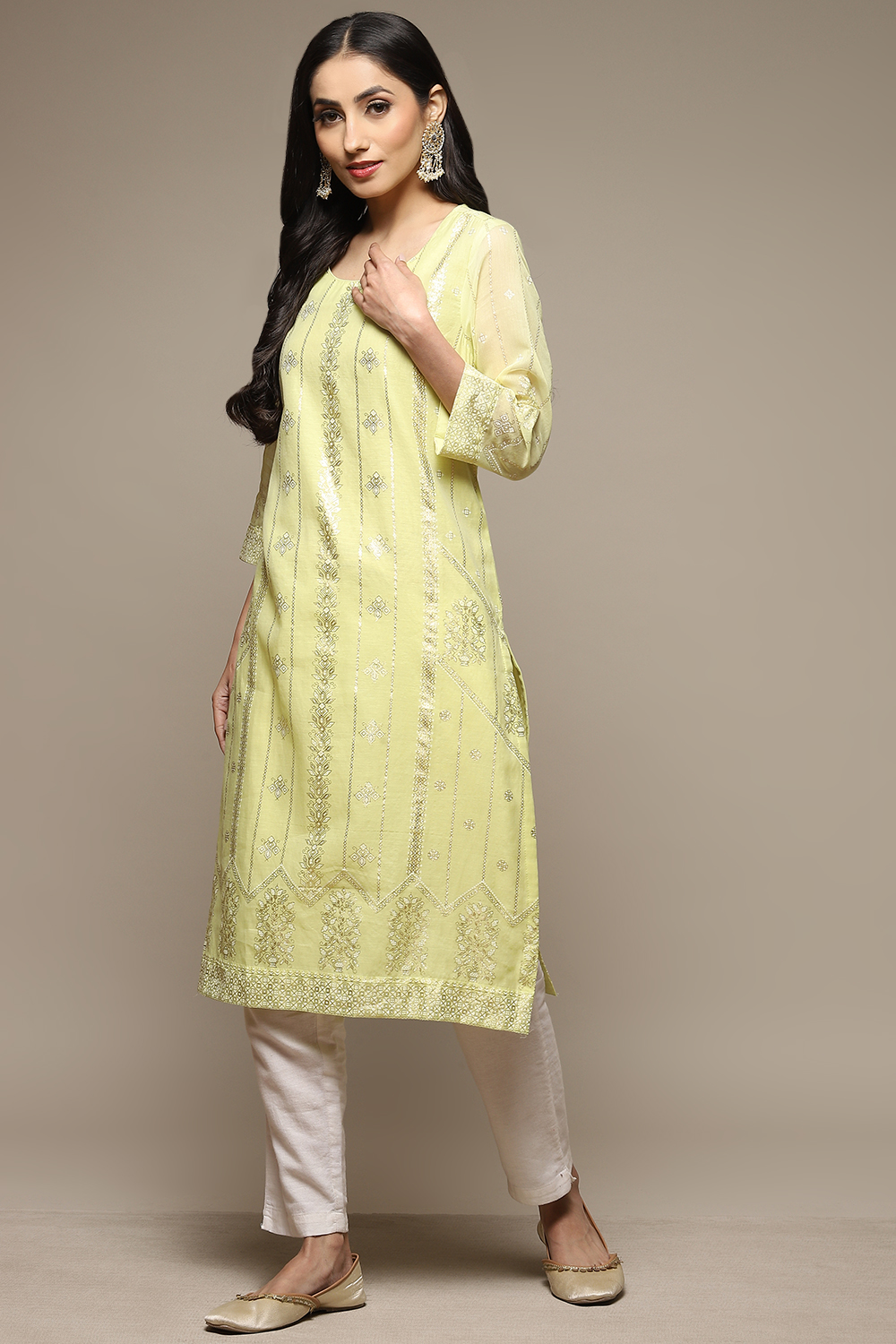 Lime Green Cotton Blend Straight Printed Kurta image number 3