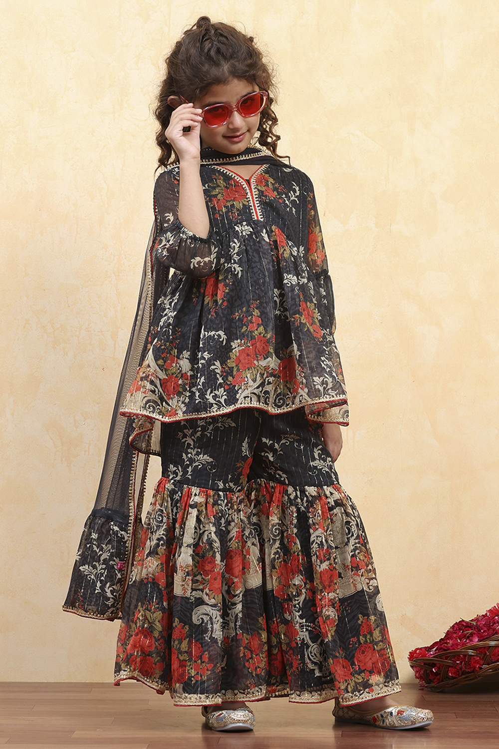 Black Polyester Floral Printed Peplum Sharara Kurta Set image number 0