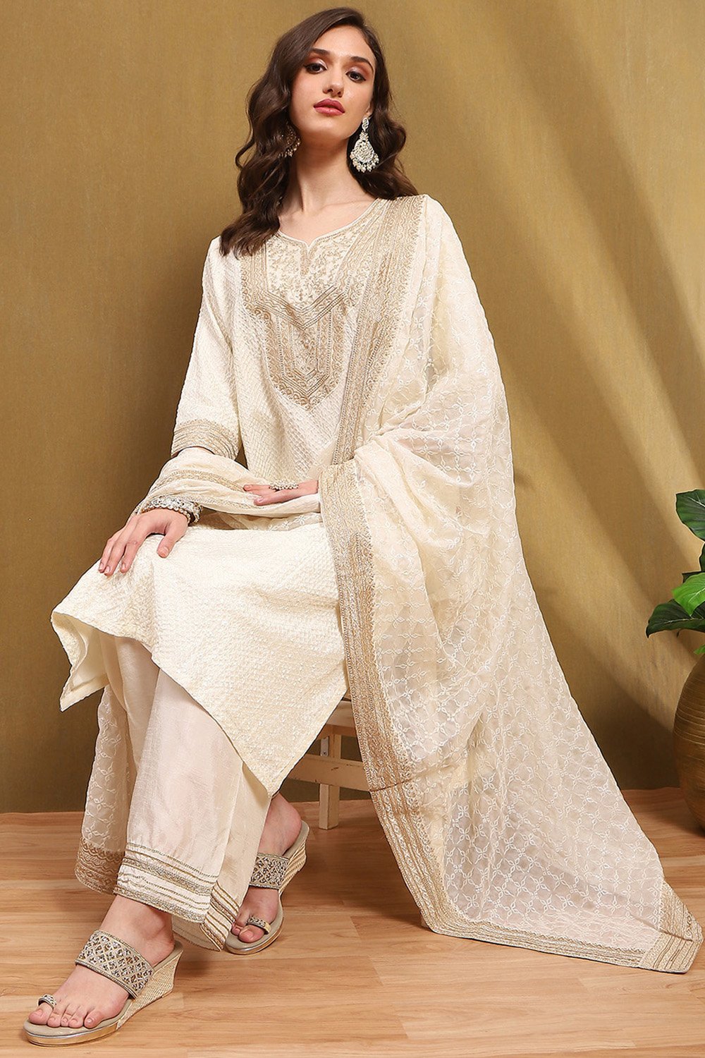Orange Silk Embroidered Festive Straight Suit Set image number 0