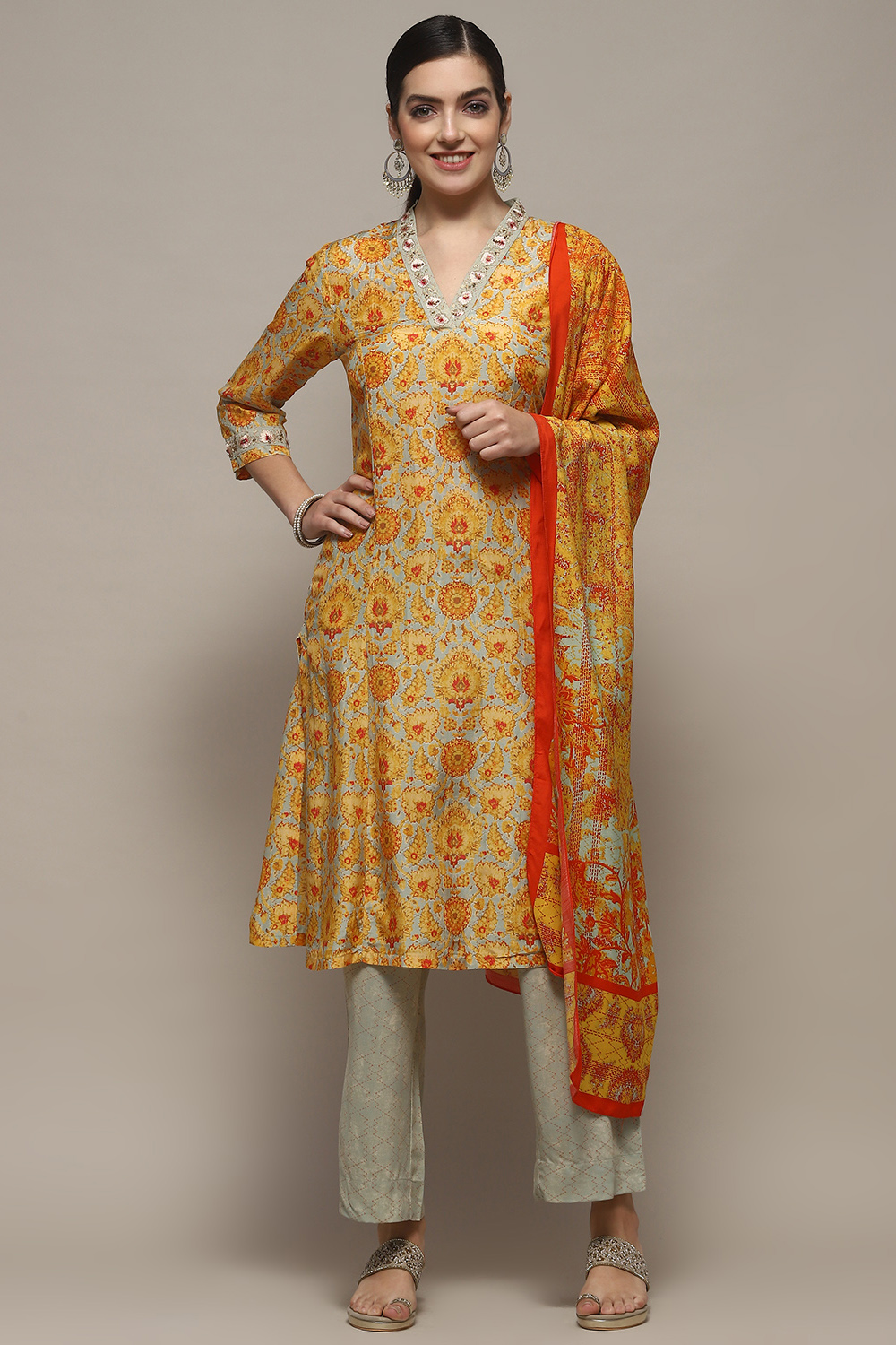 Mango Yellow Viscose Straight Suit Set image number 7