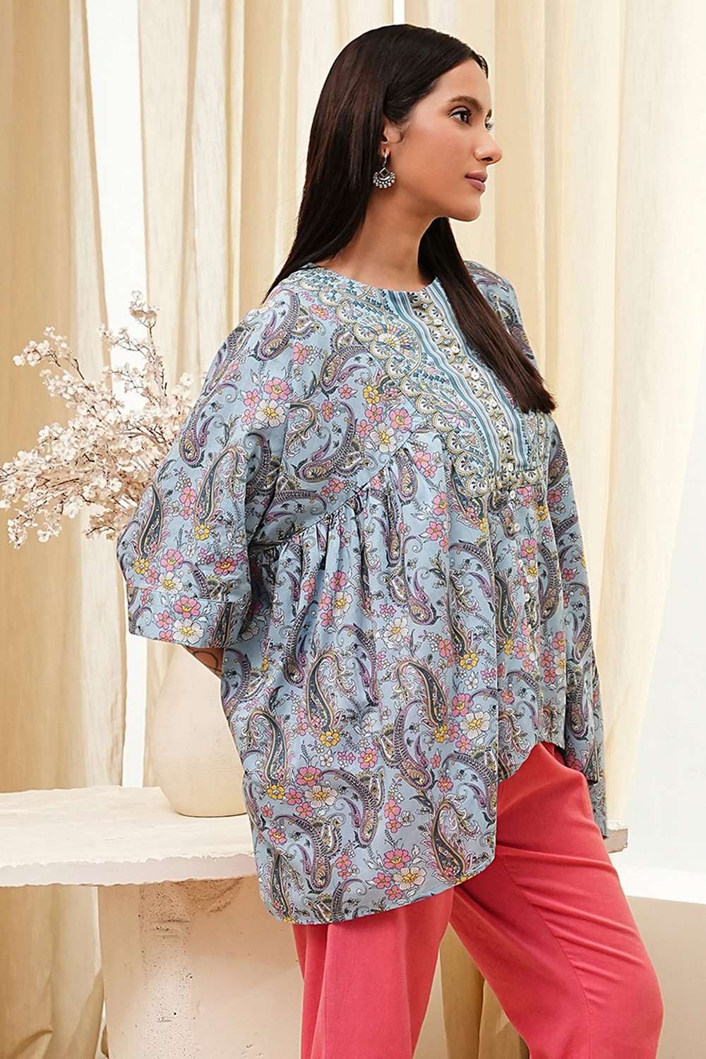 Dull Blue Cotton Flared Short Kurta image number 4