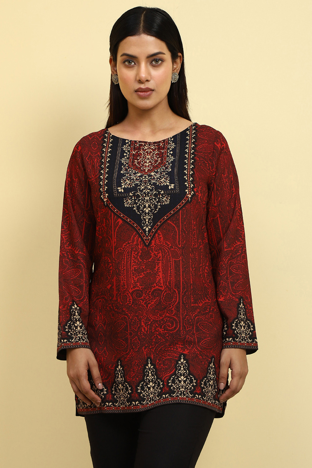 Maroon Polyester Straight Kurti image number 5