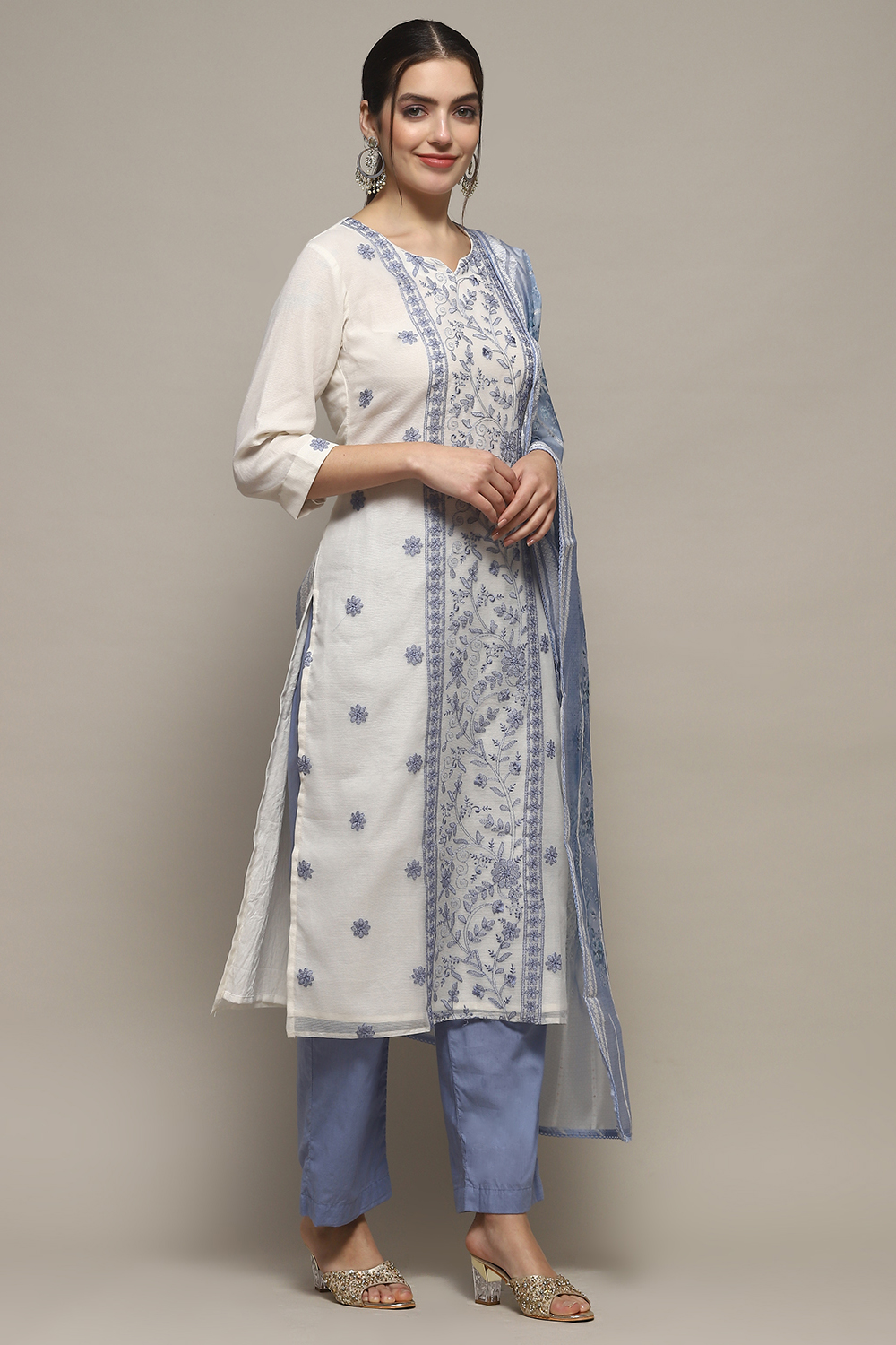 White Blue Cotton Blend Unstitched Suit set image number 7