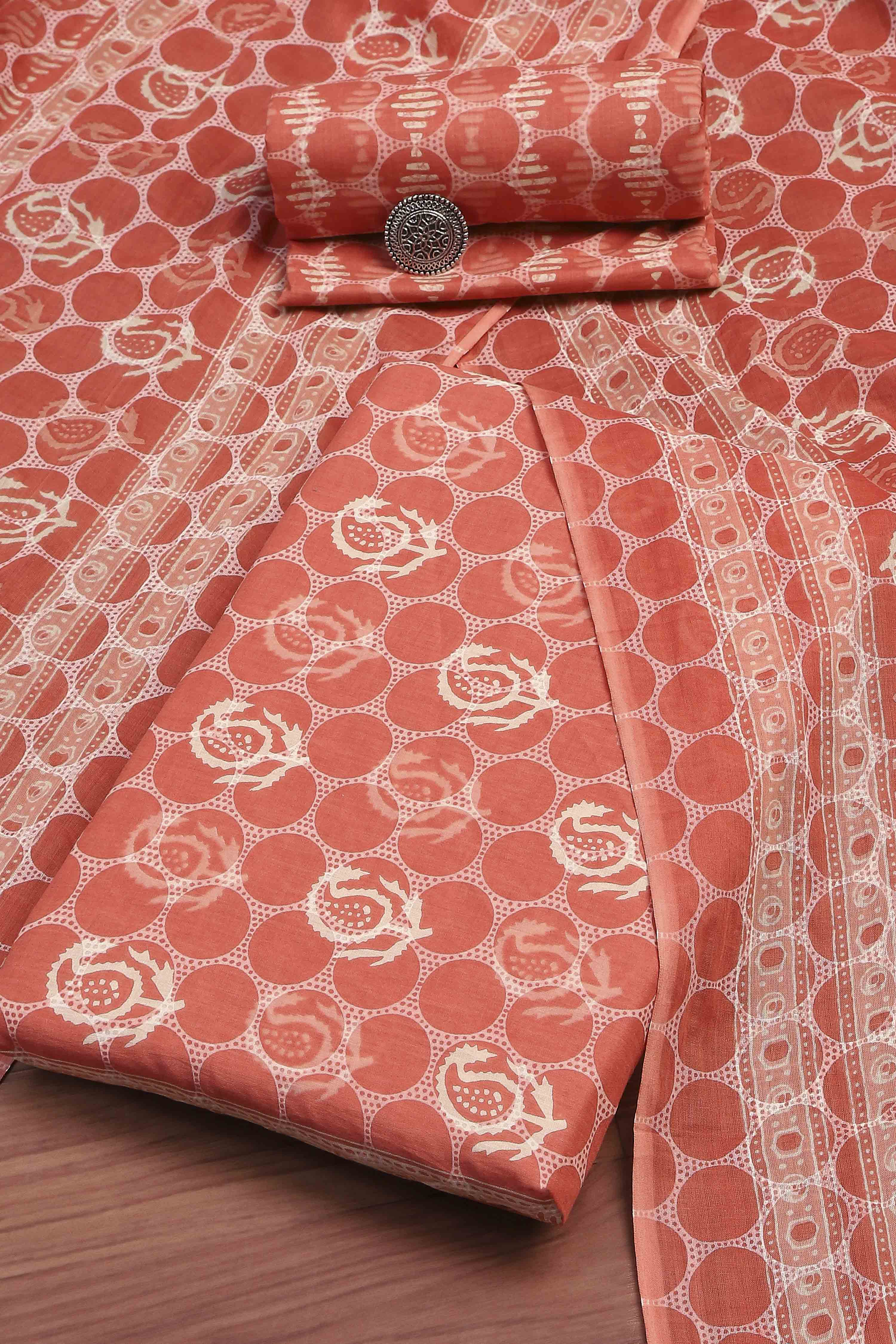 Coral Cotton Screen Print Unstitched Suit Set image number 0