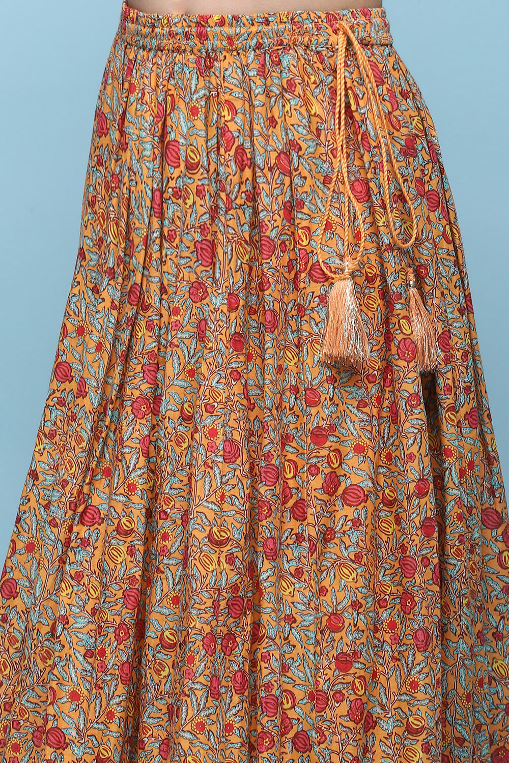 Orange Cotton Straight Printed Kurta Skirt Suit Set image number 2