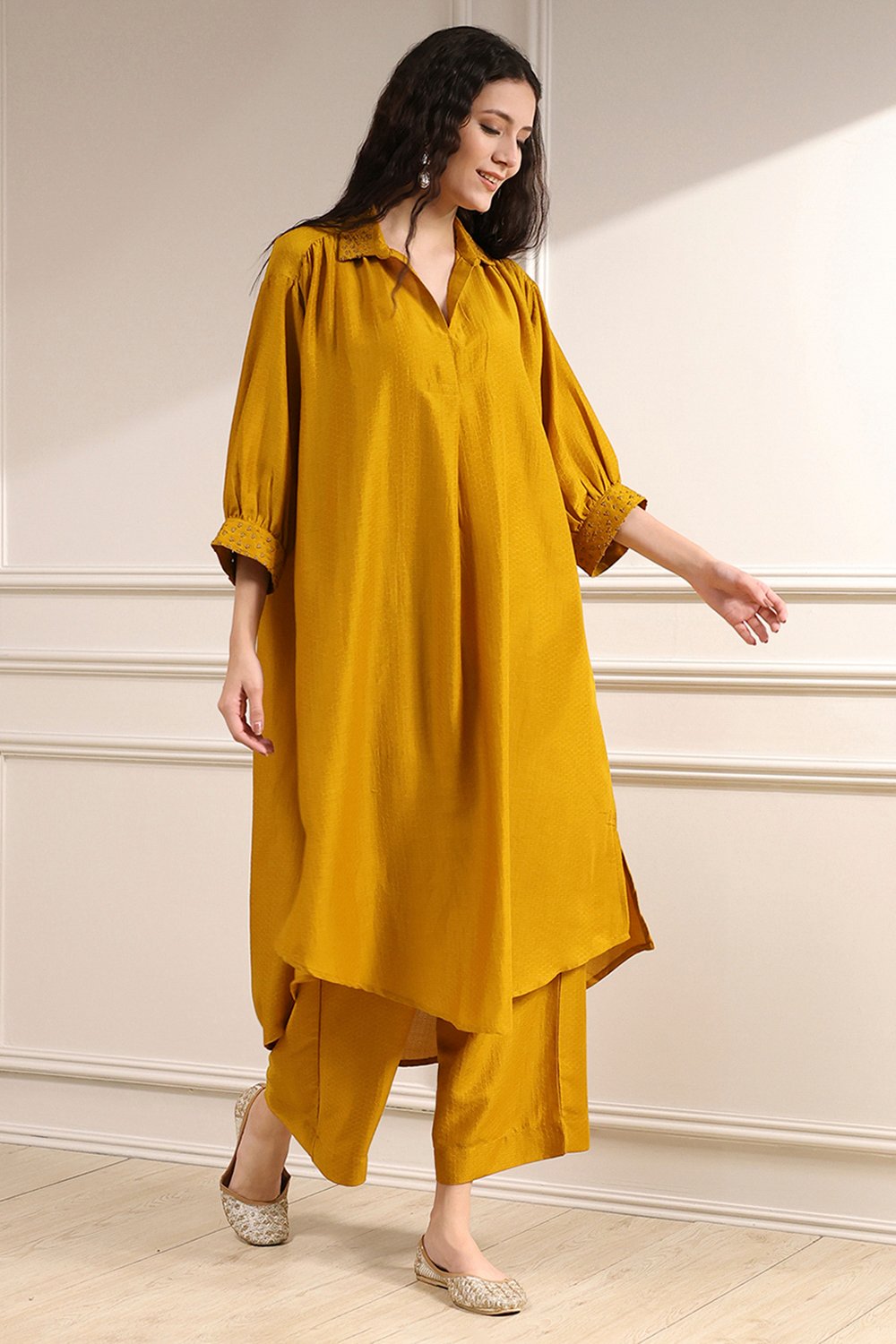 Ochre Yellow Polyester A-Line Dyed Kurta Pants Set image number 0