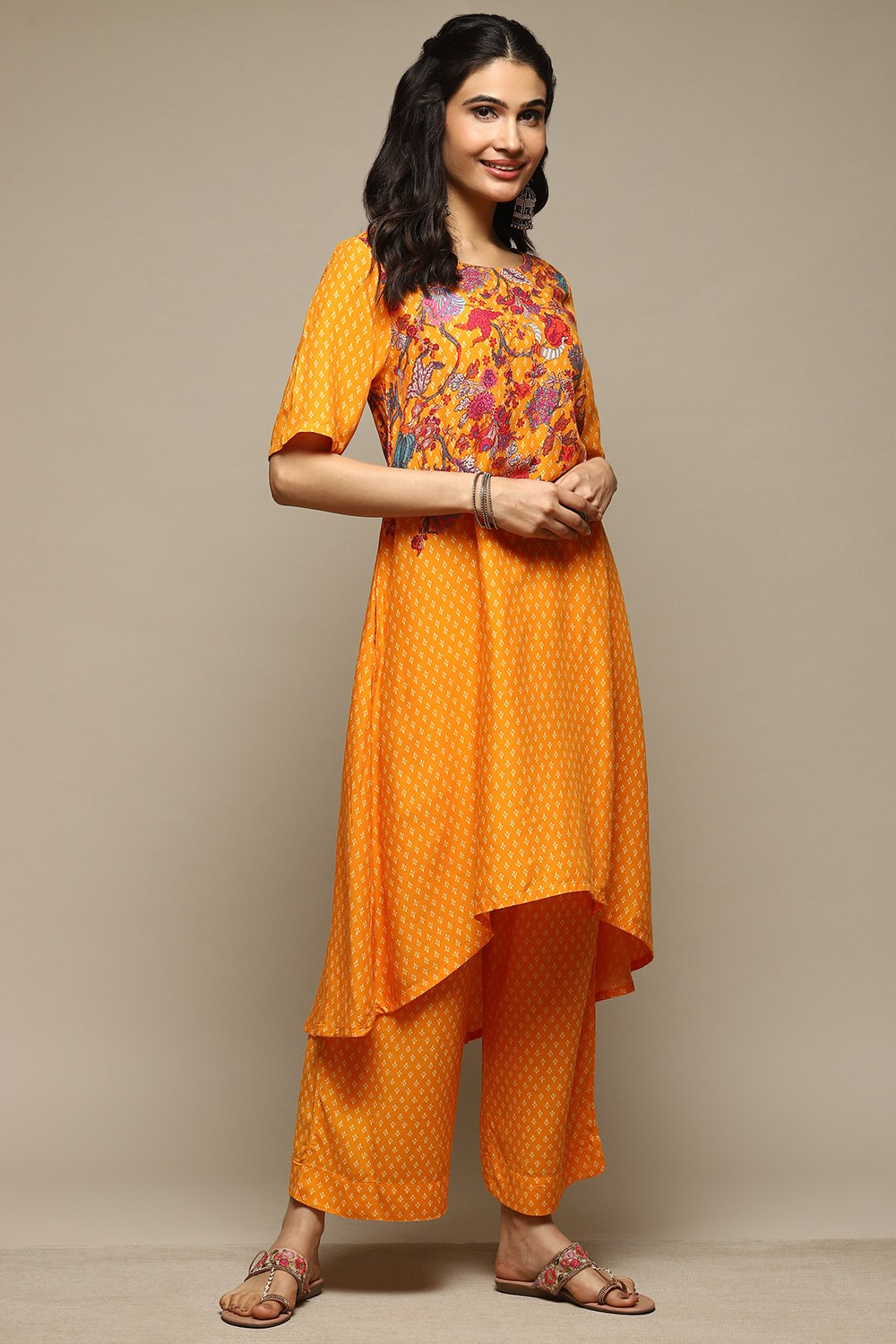 Orange Rayon Asymmetric Kurta Palazzo Suit Set