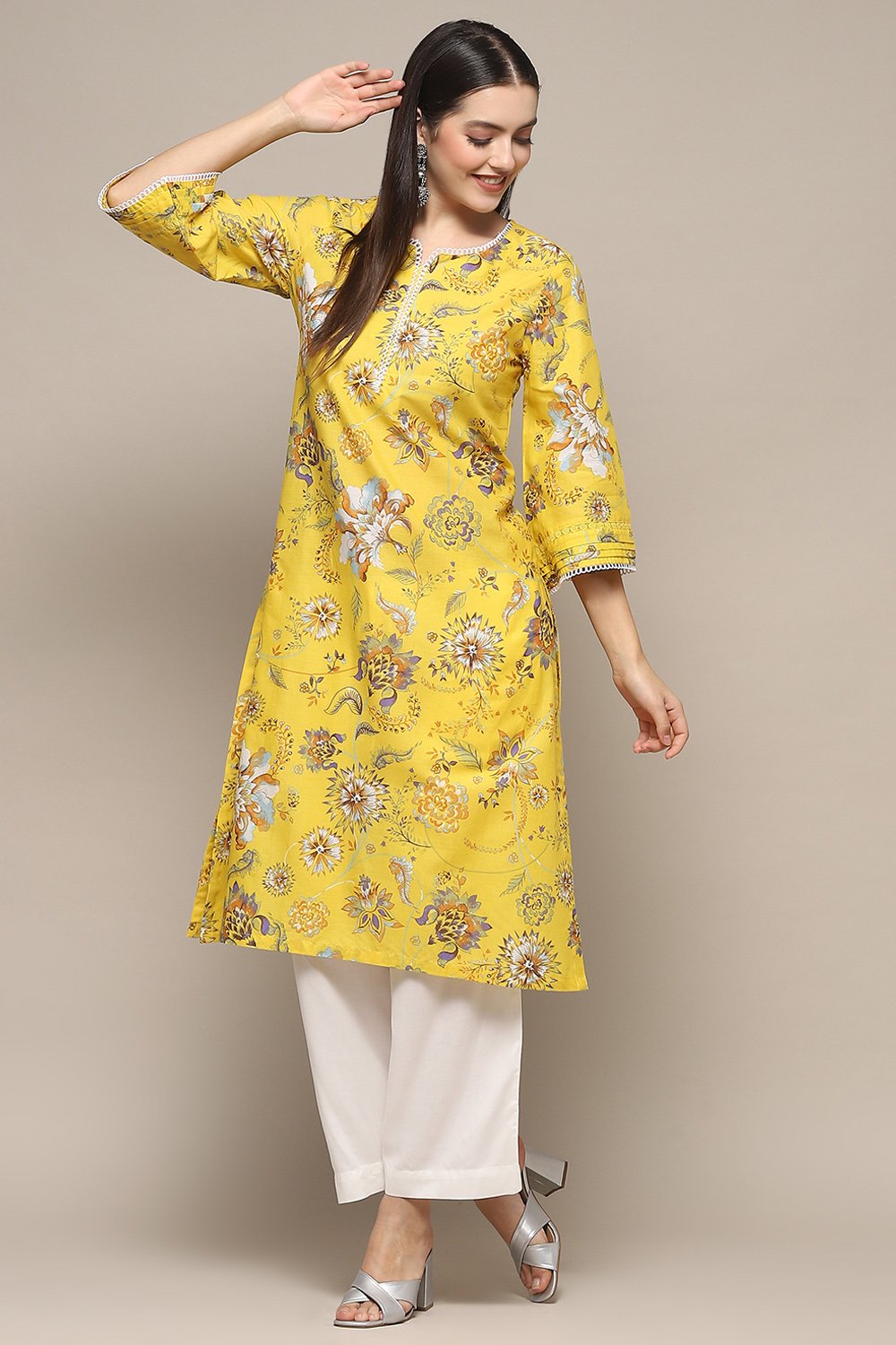 Yellow Cotton Straight Kurta image number 0