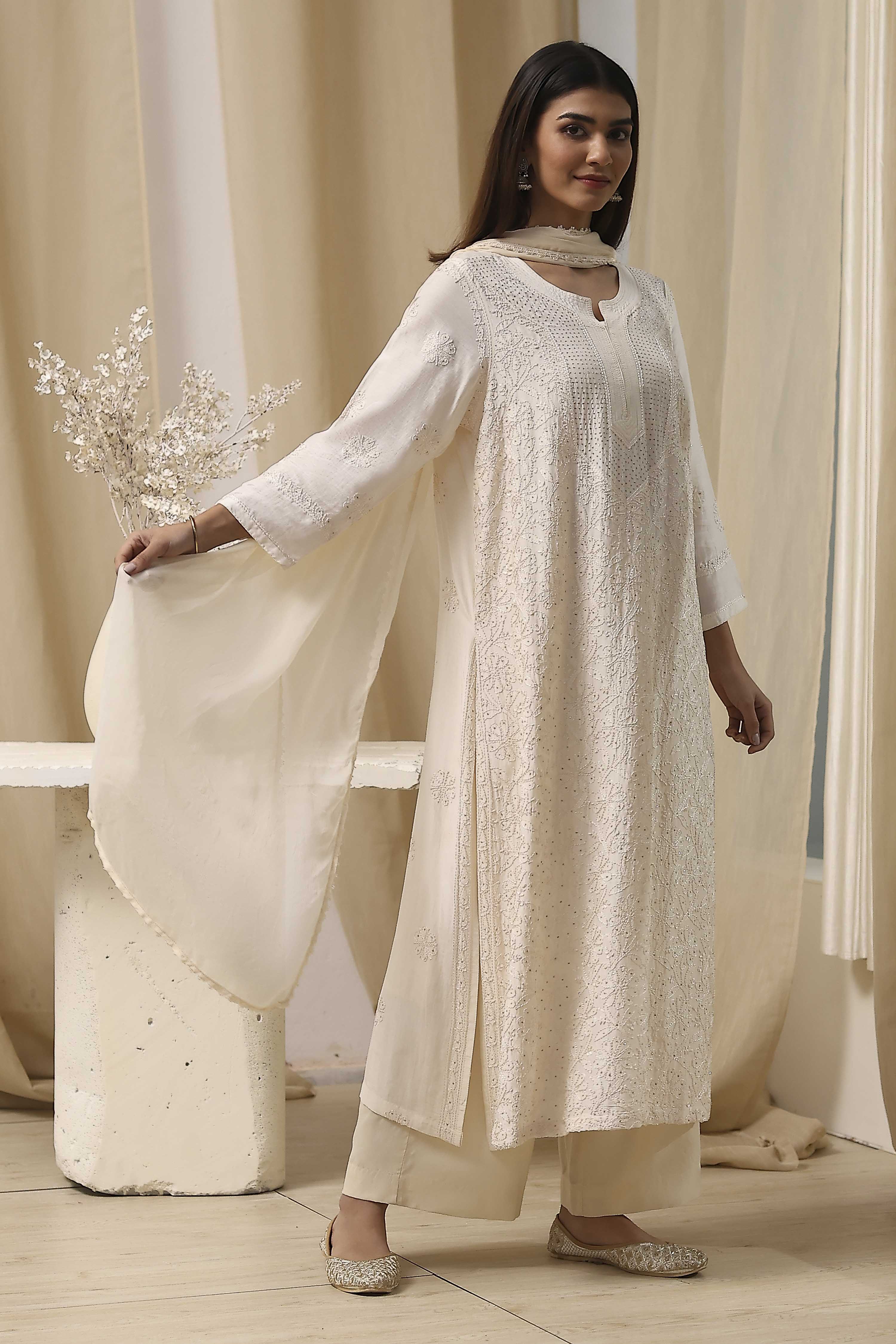 Off-White Modal Chikankari Straight Suit Set image number 5