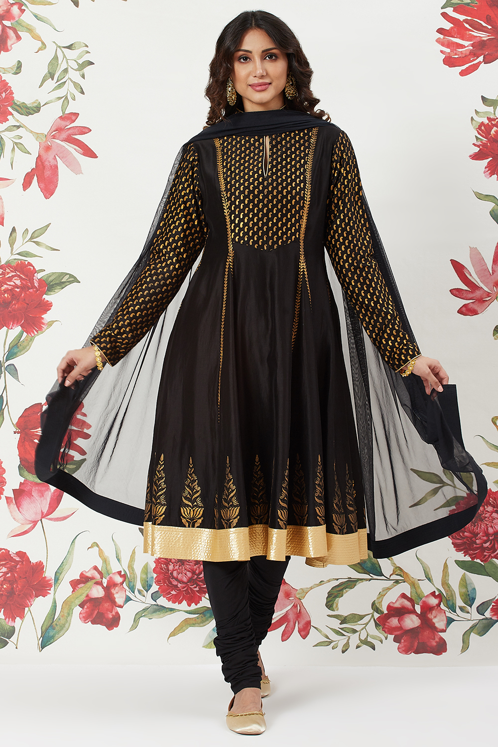 Rohit Bal Black Chanderi Silk Kalidar Solid Suit Set image number 0