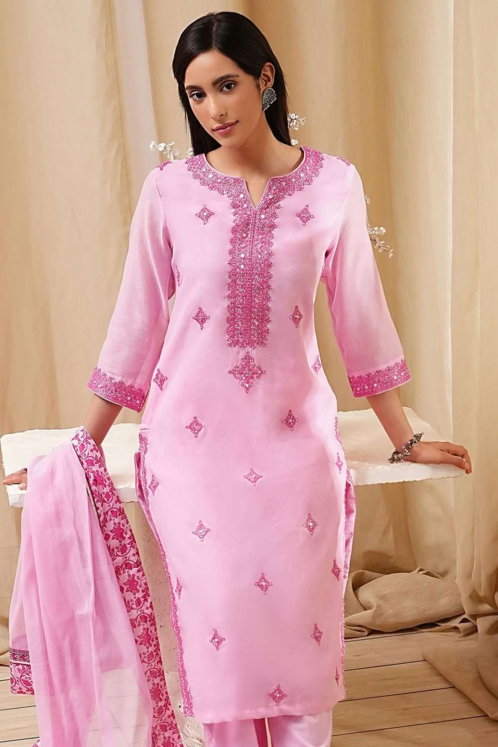 Pink Embroidered Straight Suit Set image number 7