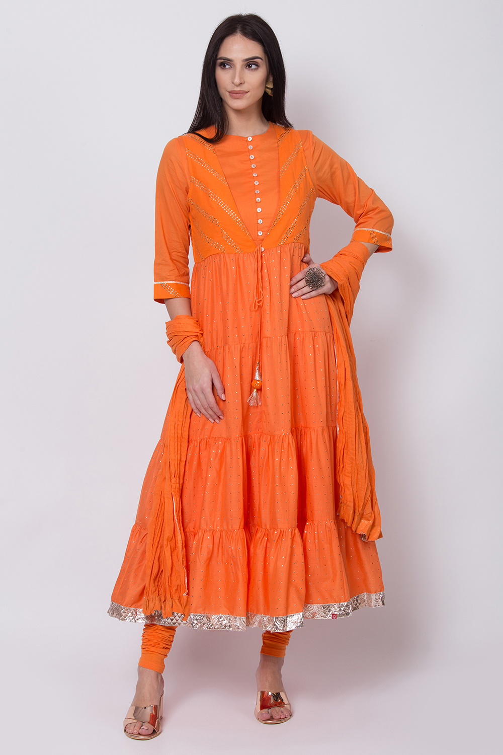Orange Cotton Front Open Kurta Churidar Suit Set image number 0