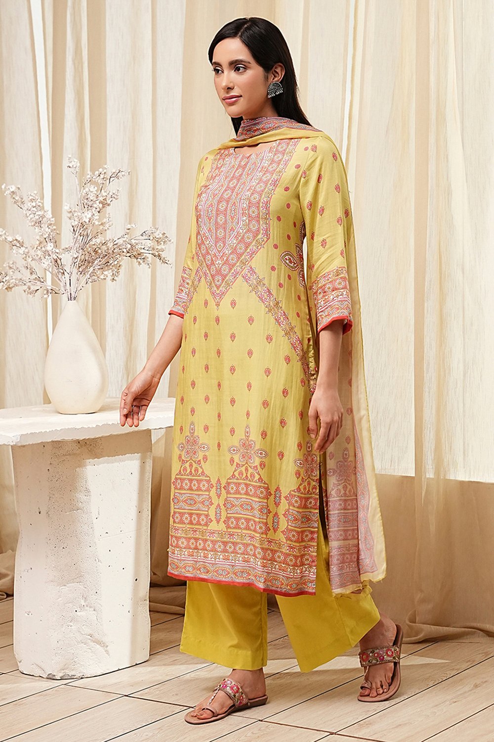 Green Modal Printed Straight Suit Set image number 3