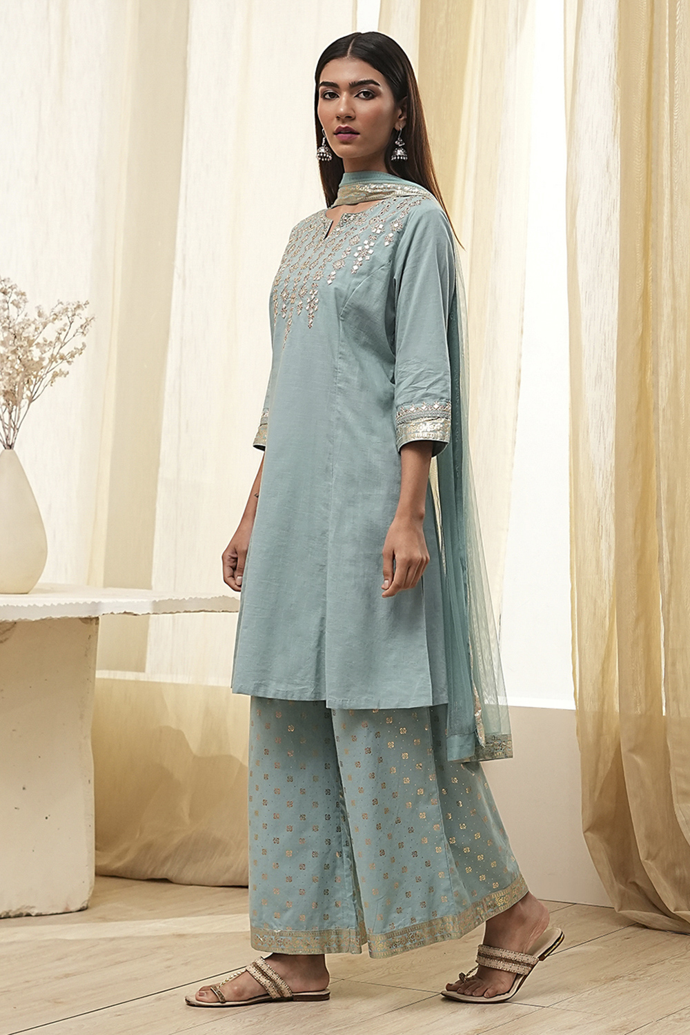Dull Blue Cotton Embroidered Kalidar Suit Set image number 3
