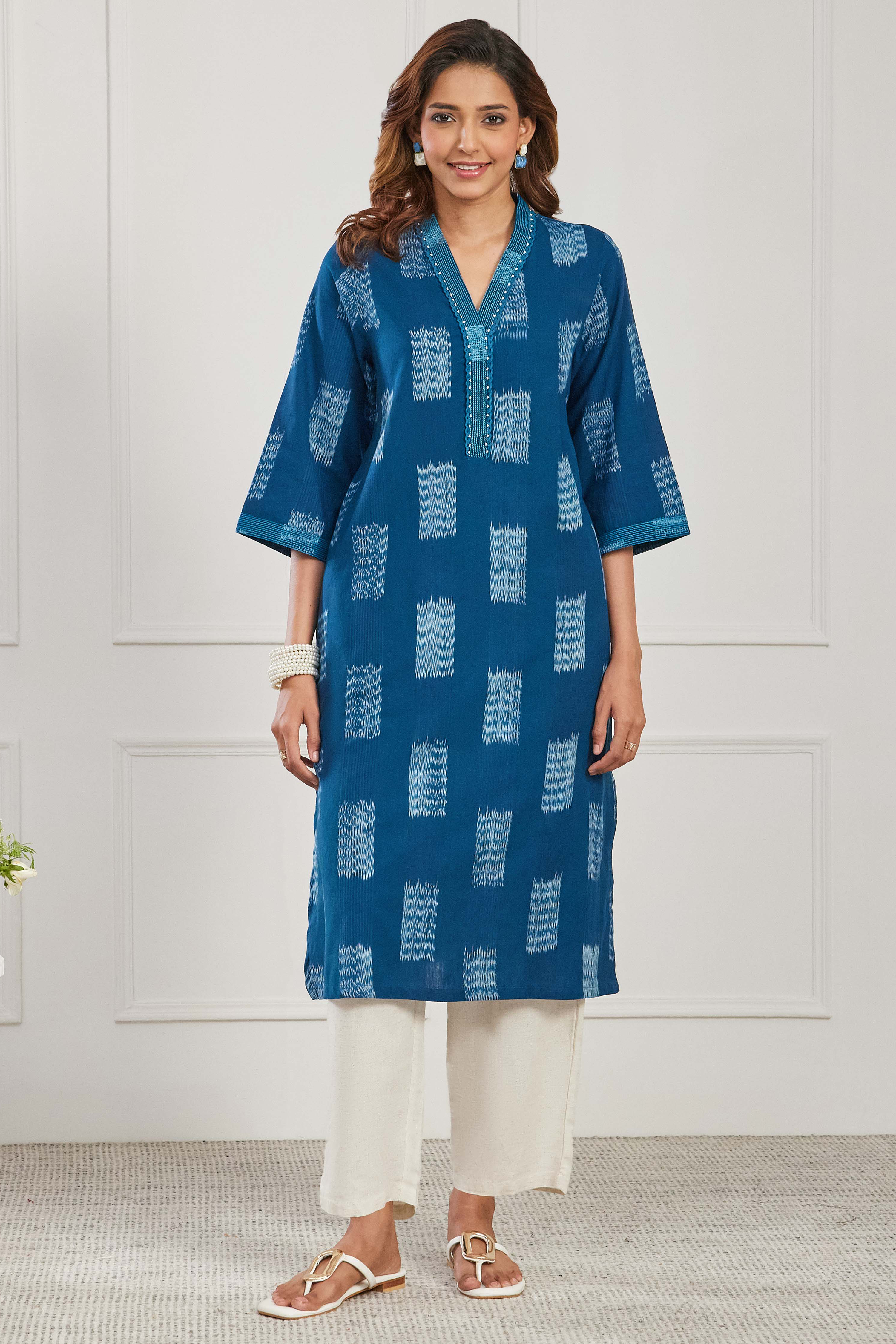 Teal Cotton Straight Kurta image number 5