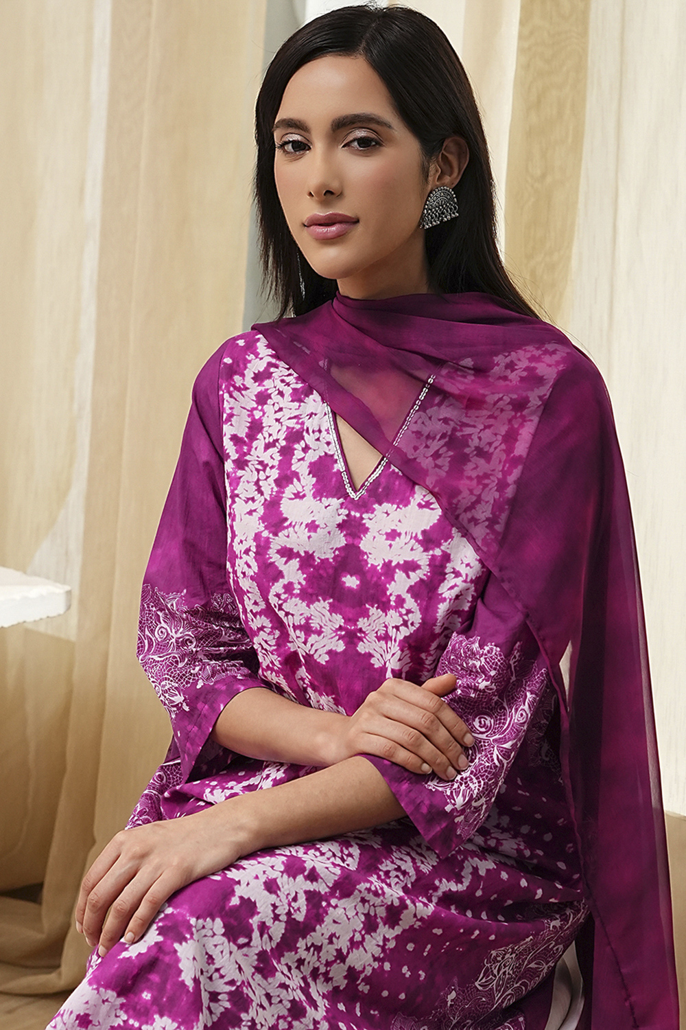 Berry Purple Cotton Straight Suit Set image number 7